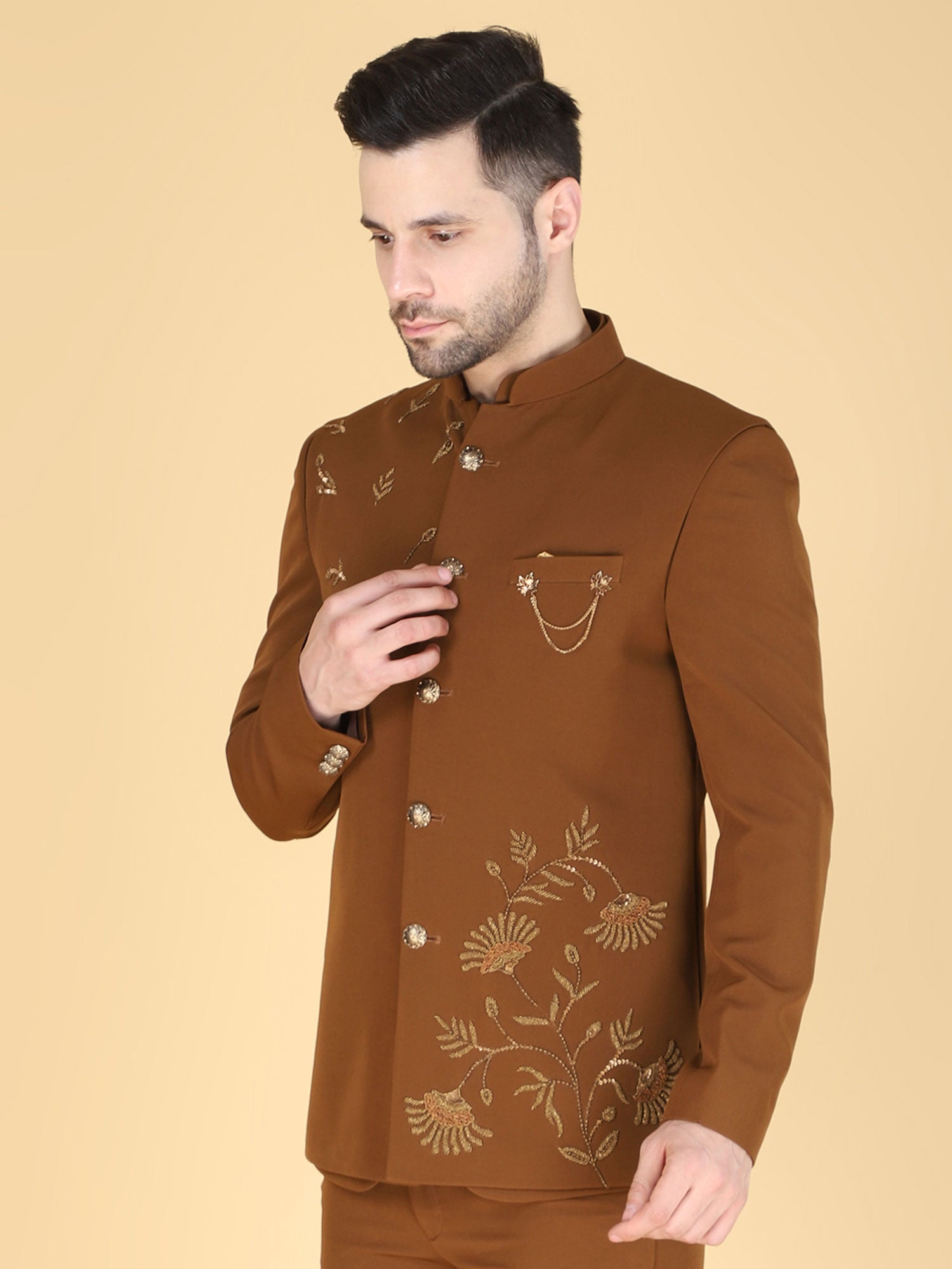 Brown Jodhpuri Set With Embroidered Jacket