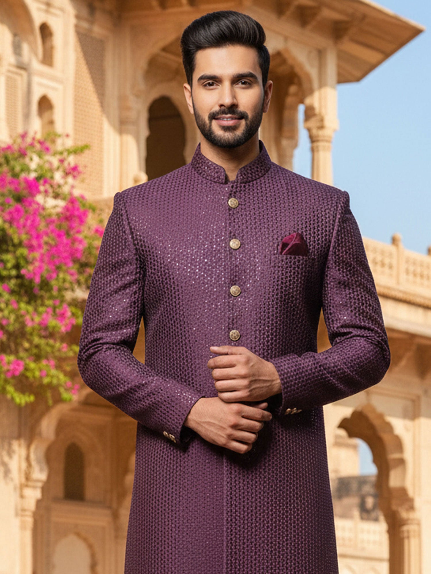 Wine Embroidered Indo Style Men's Sherwani Set