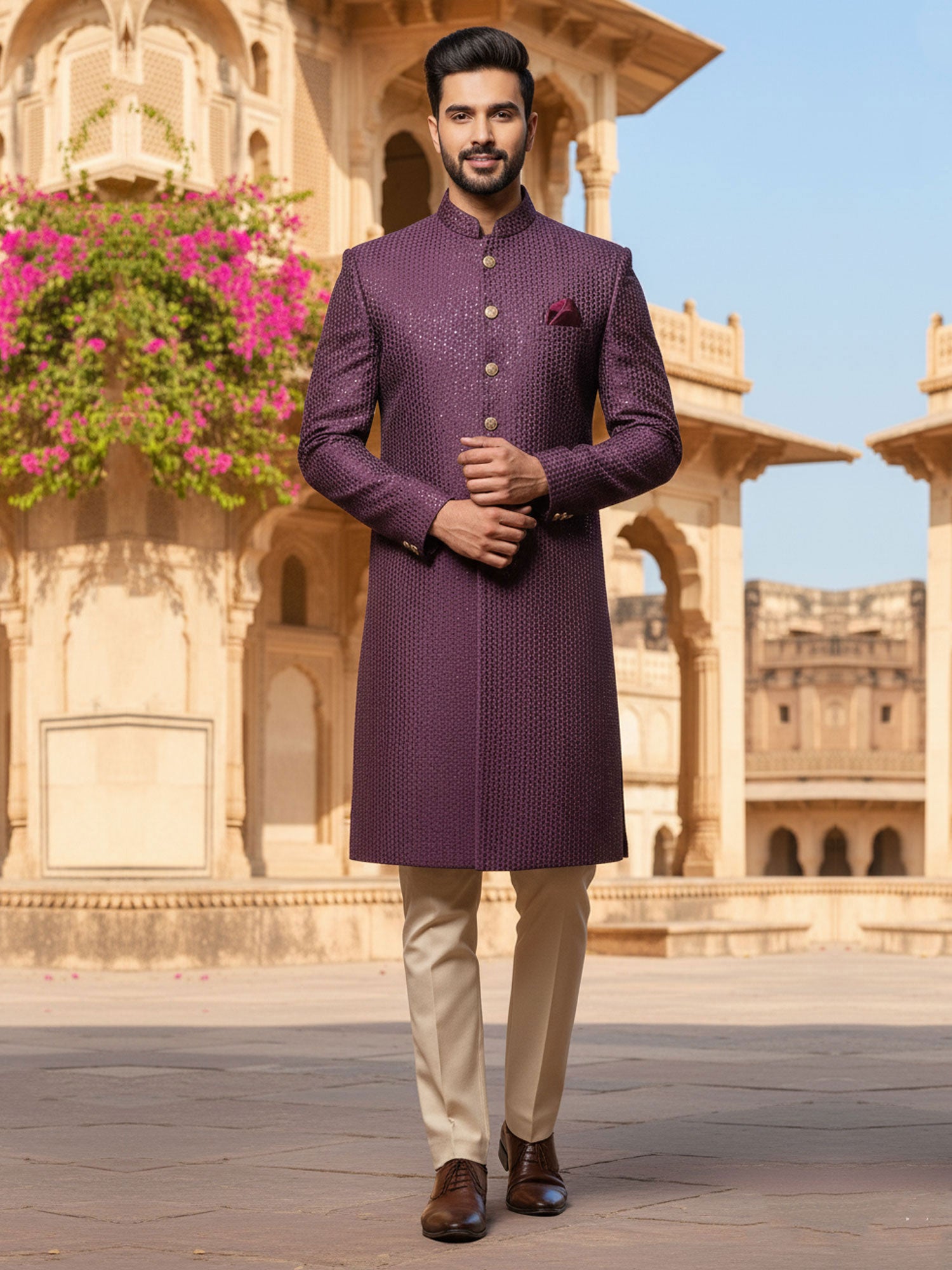 Wine Embroidered Indo Style Men's Sherwani Set