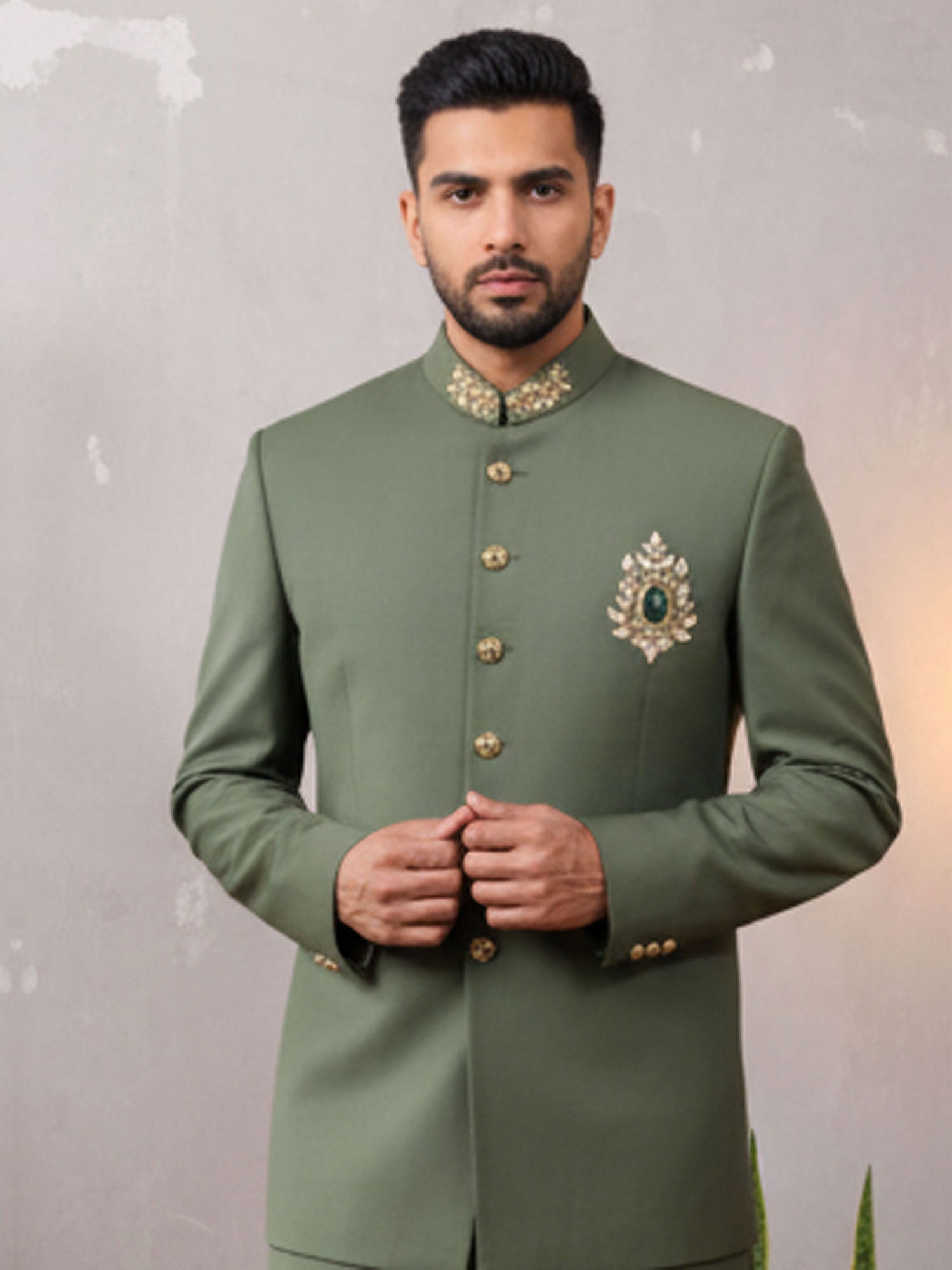 Green Hand Work Layered Style Indowestern For Mens