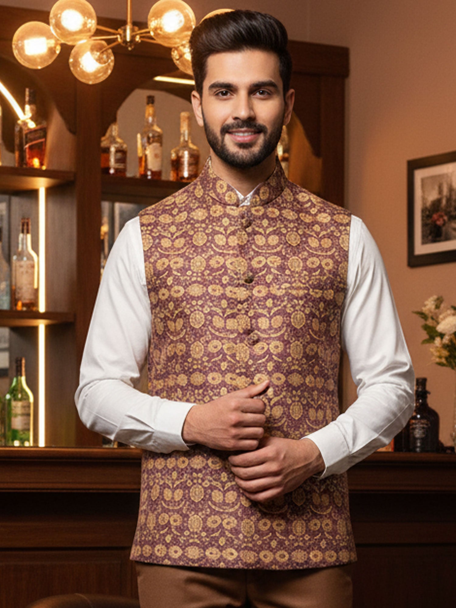 Brown Festive Printed Nehru Jacket In Linen
