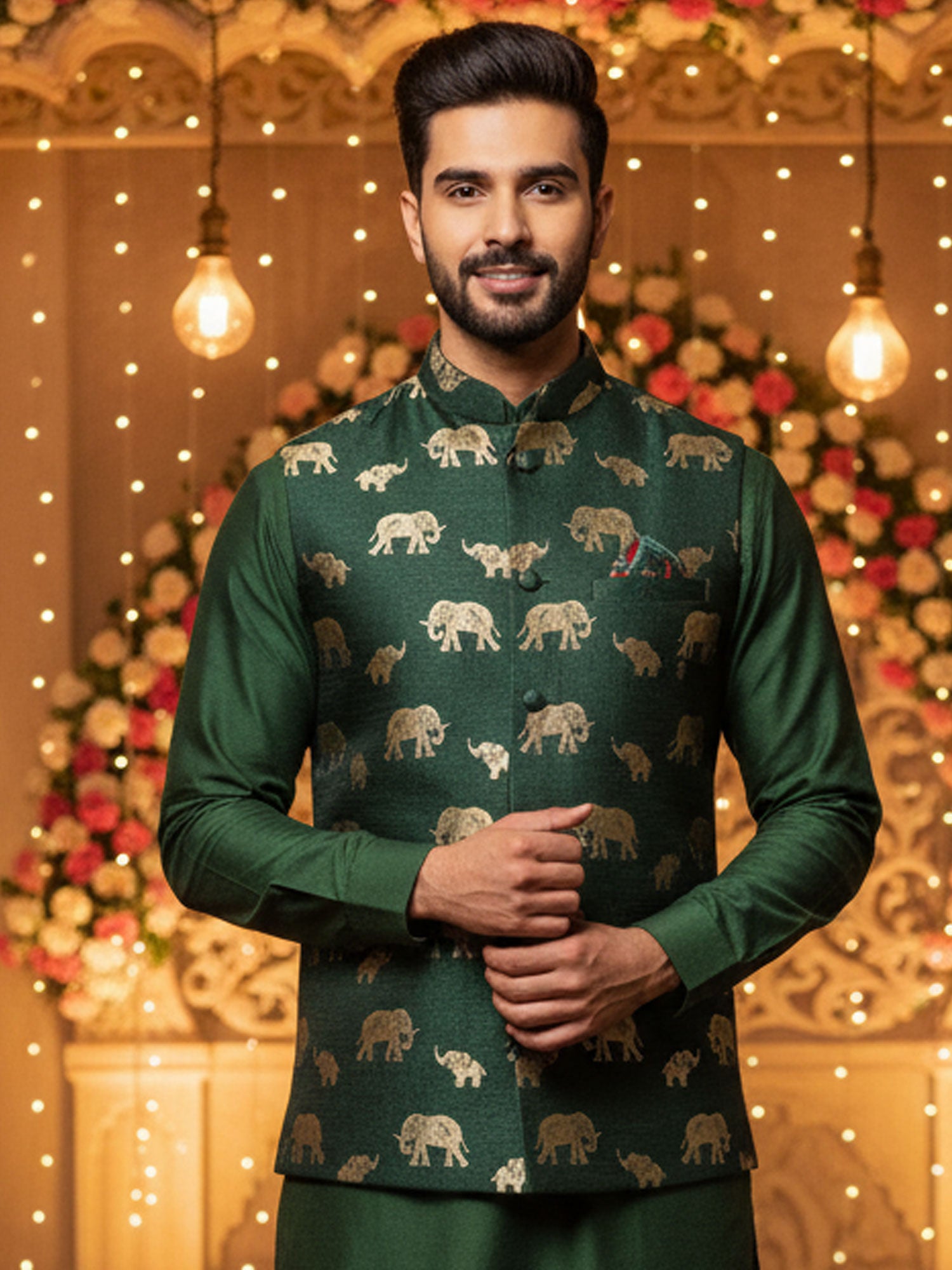 Dark Green Men's Kurta Set With Nehru Jacket