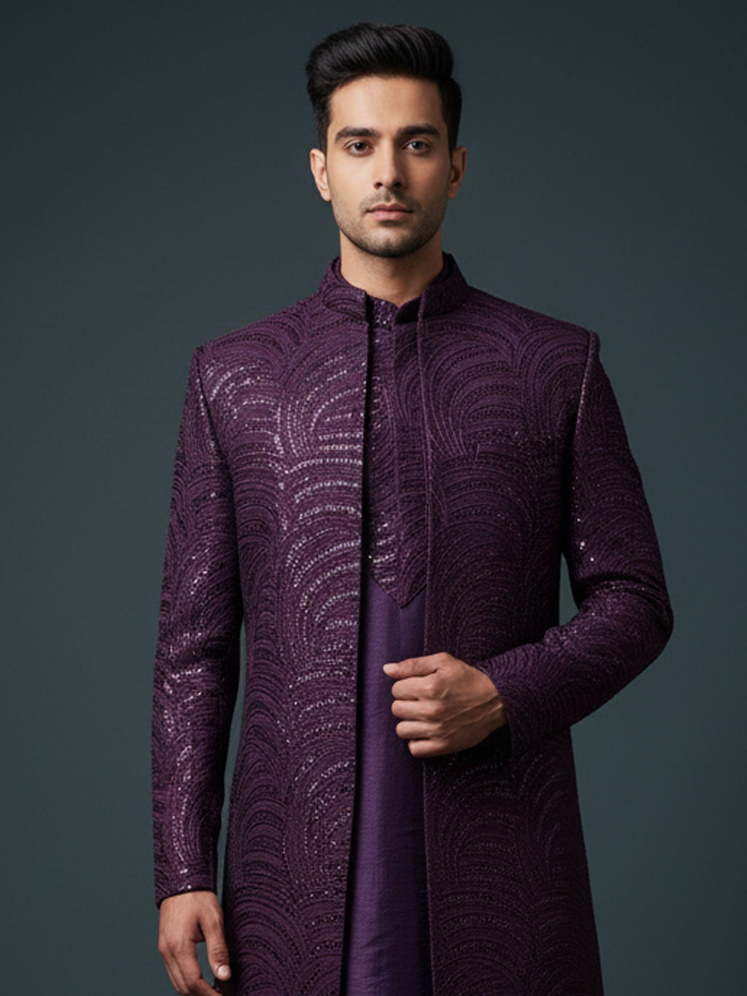 Wine Men's Indo Western With Jacket In Sequins Work