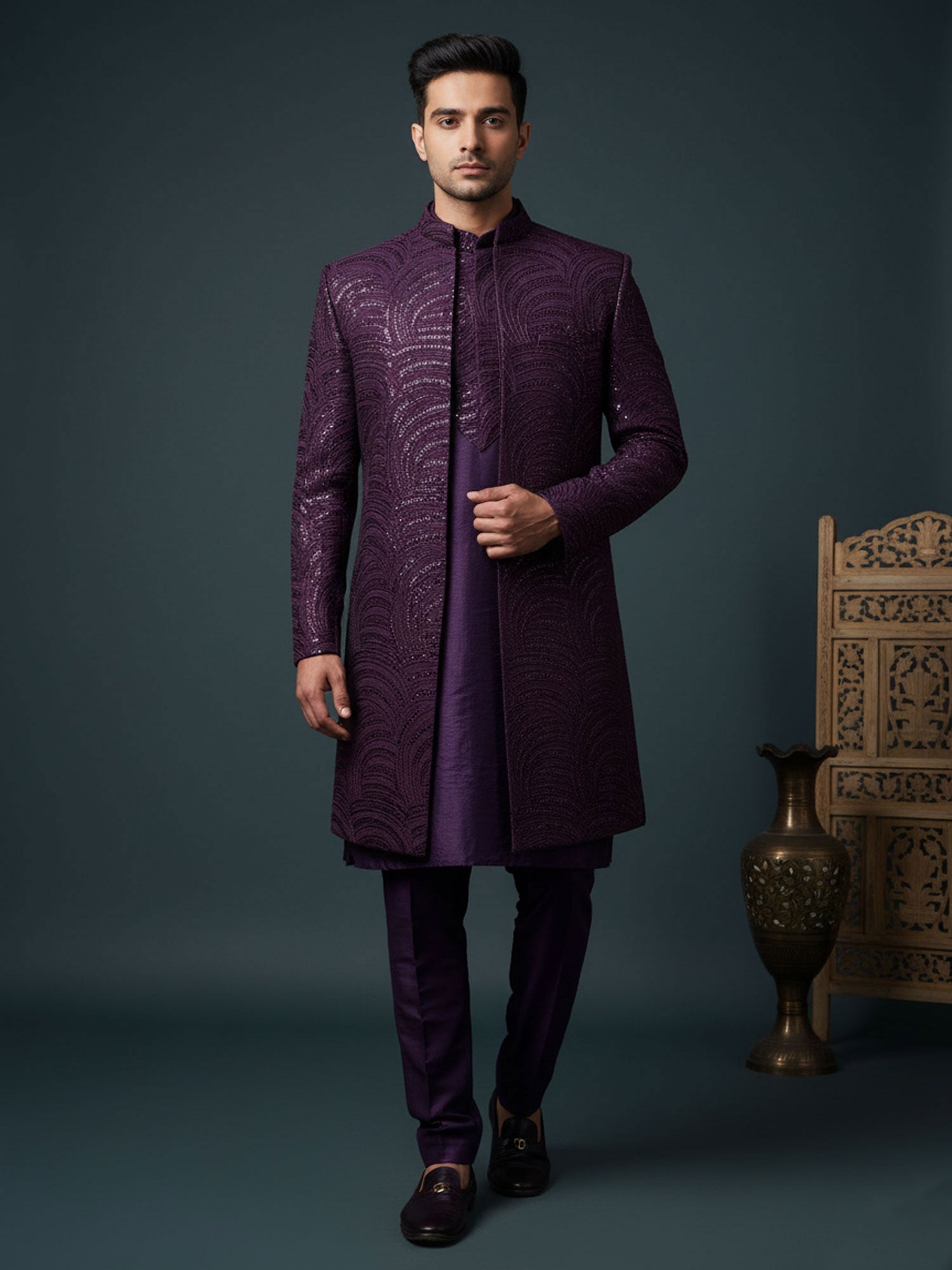 Wine Men's Indo Western With Jacket In Sequins Work