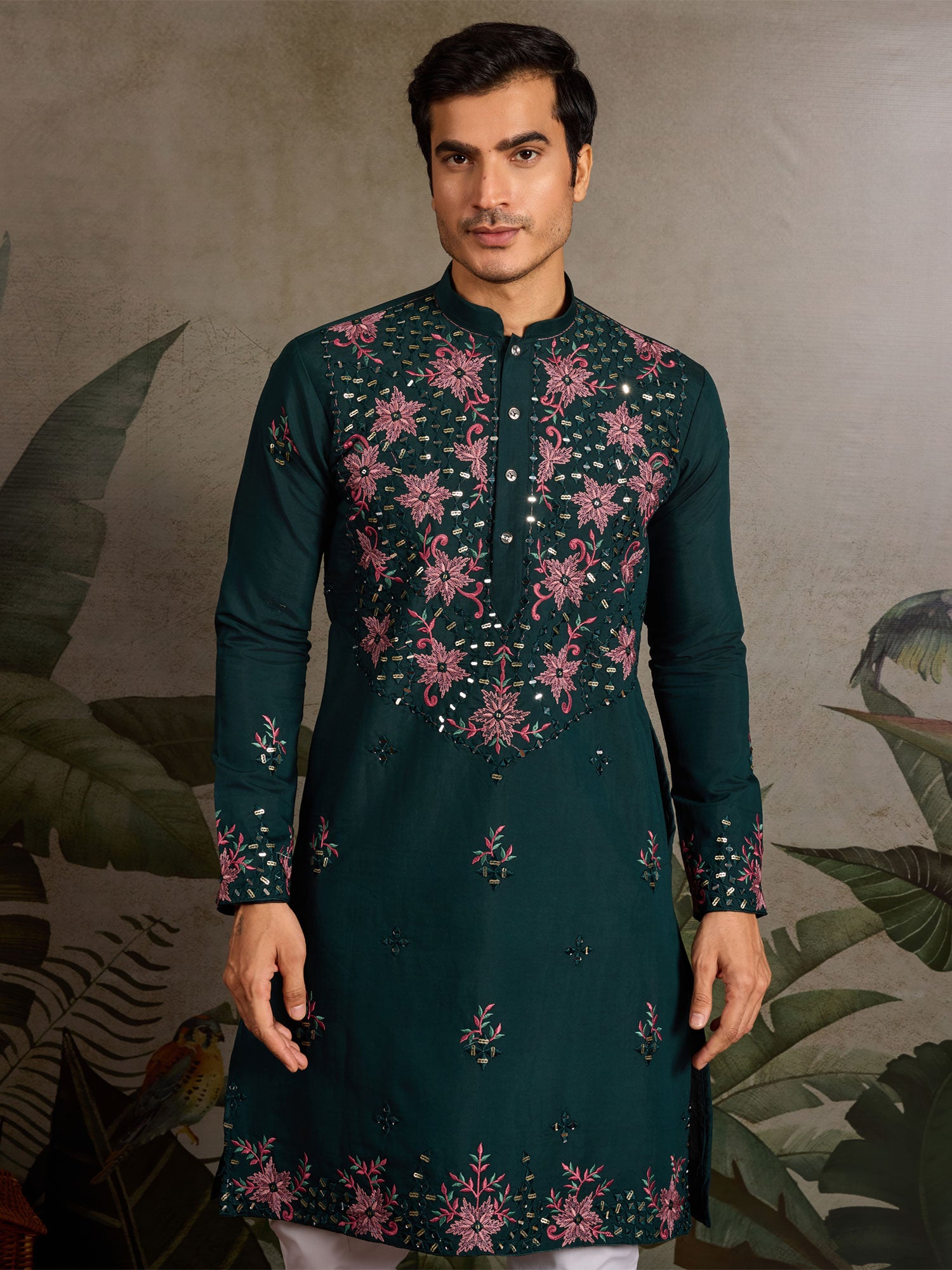 Green Readymade Kurta Pyjama In Floral Thread Work