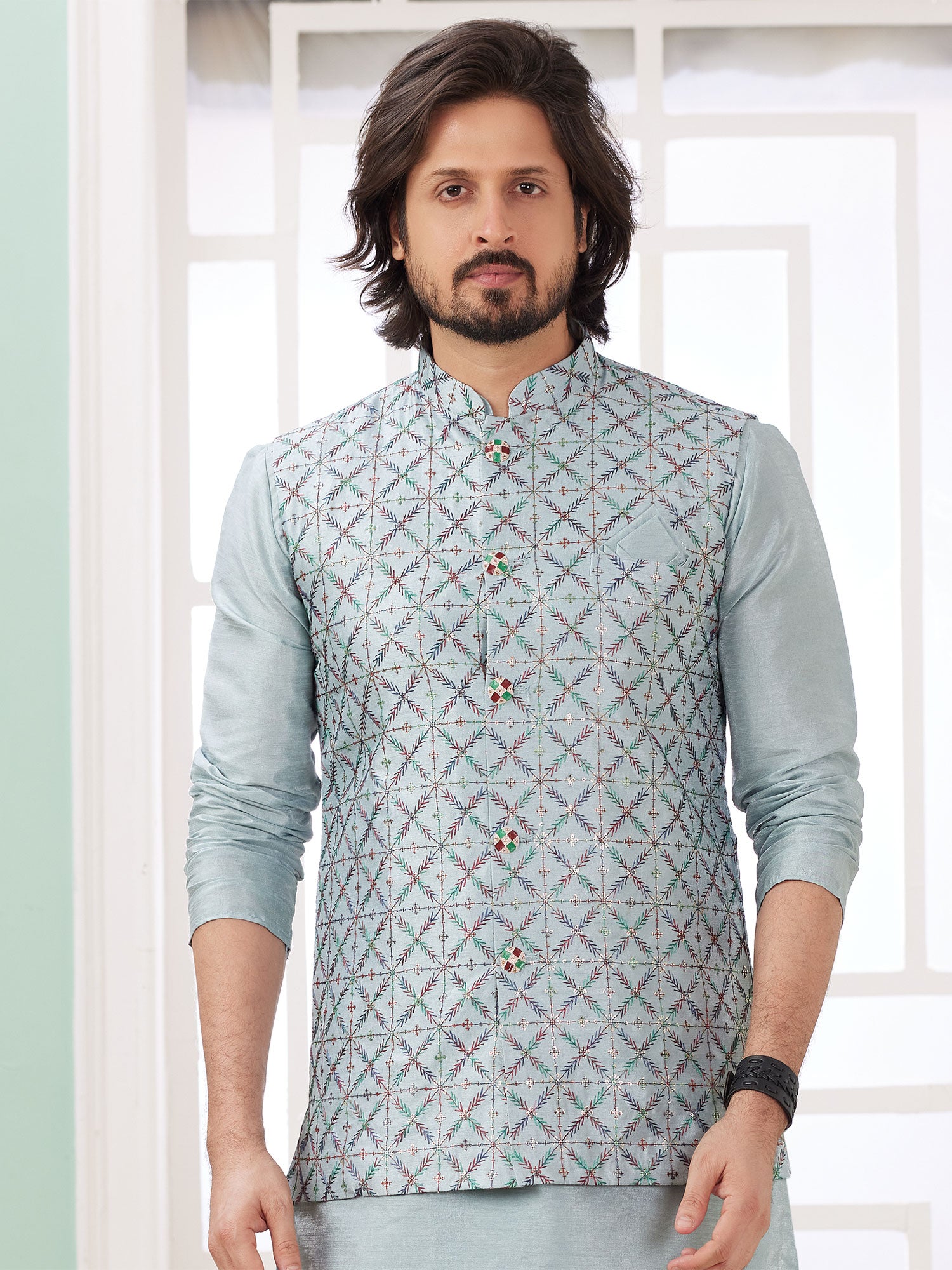 Metallic Silver Sequins Enhanced Mens Kurta Set