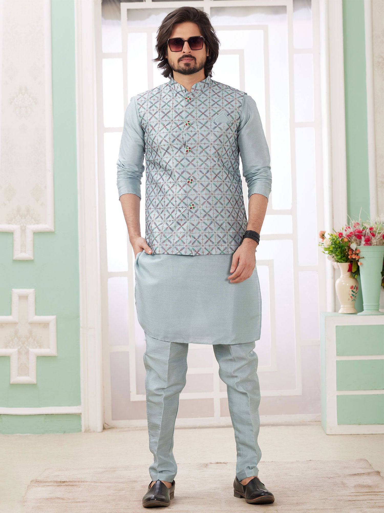 Metallic Silver Sequins Enhanced Mens Kurta Set