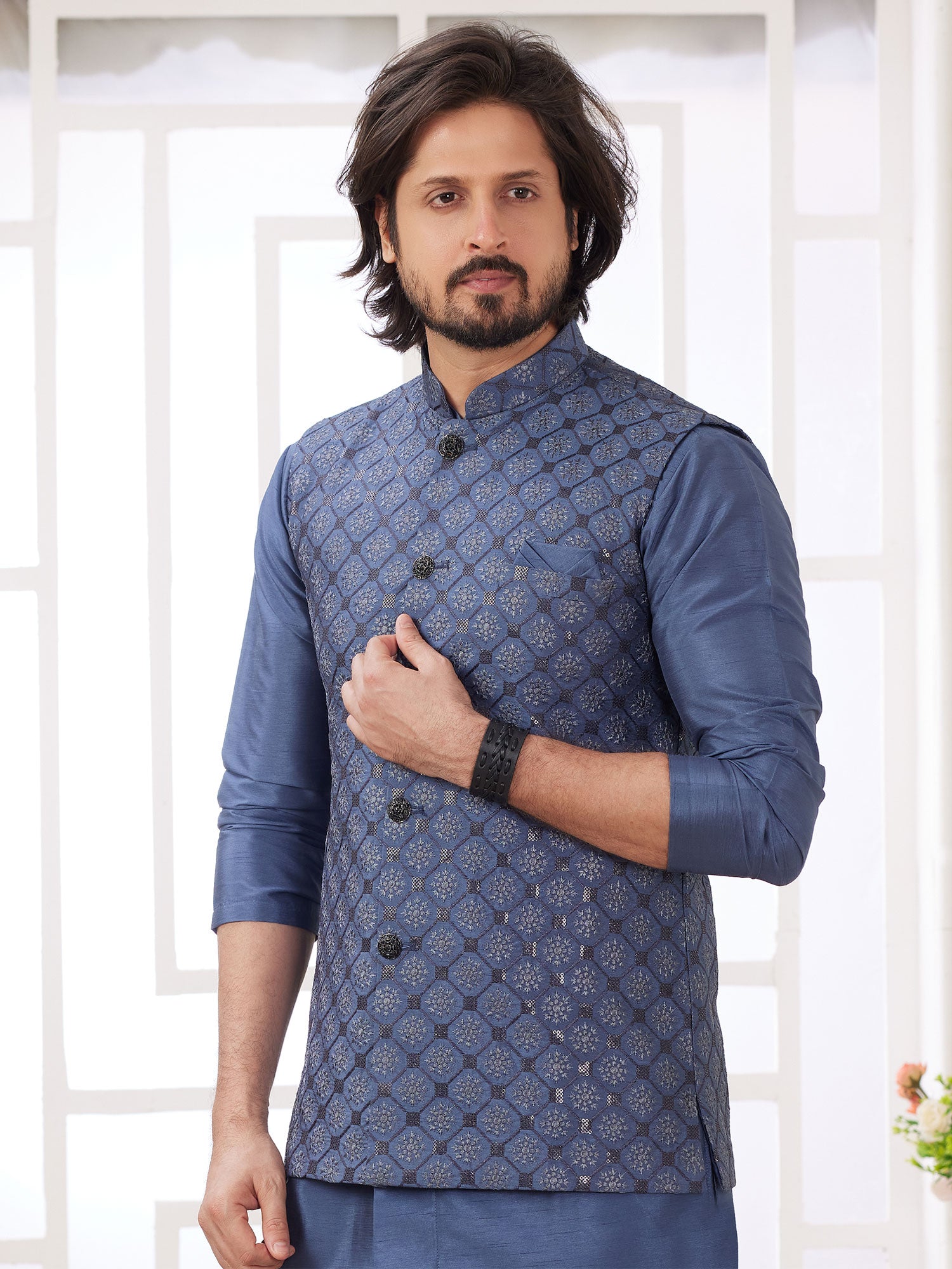 Blue Festive Kurta Pyjama With Nehru Jacket