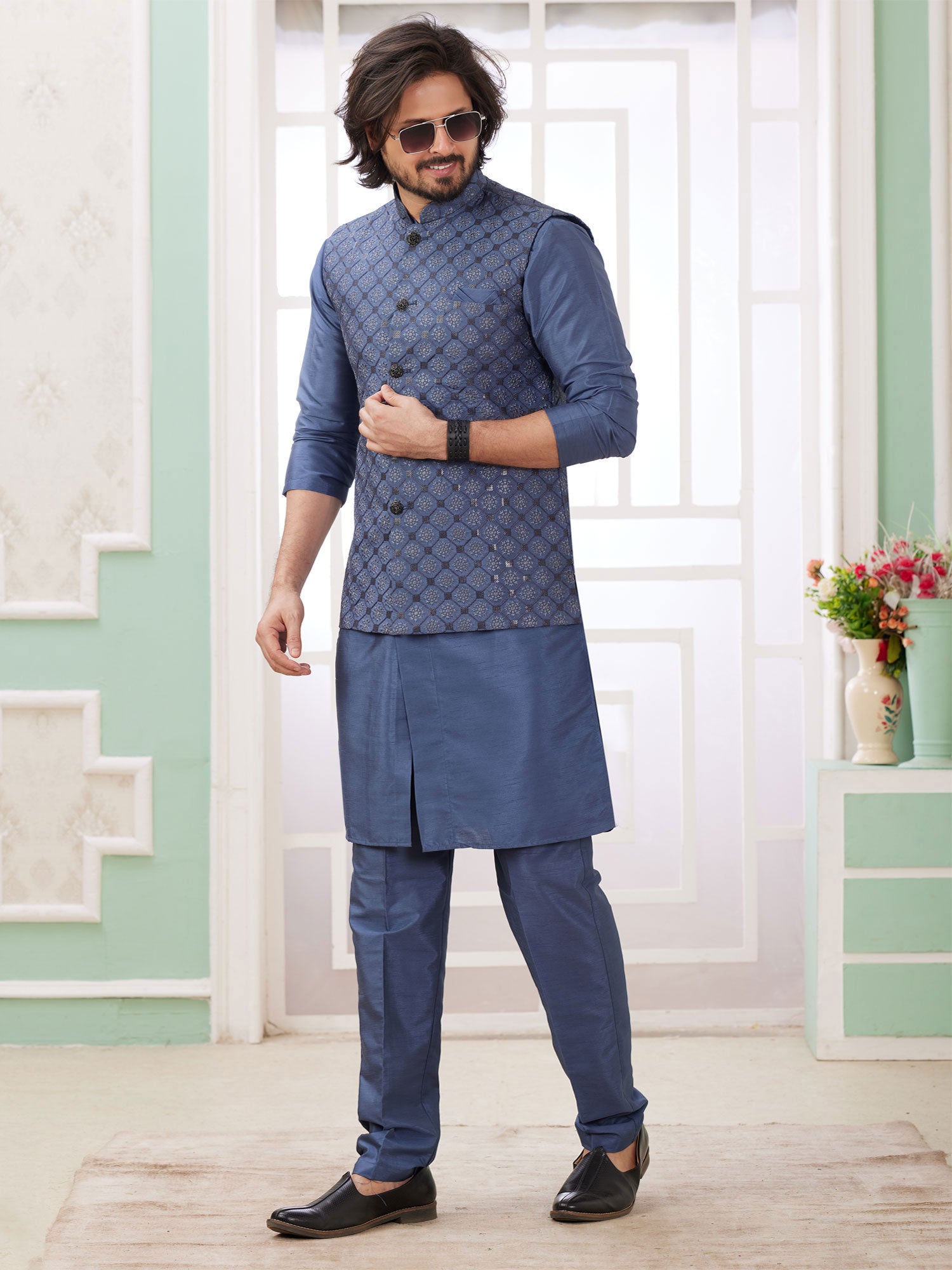 Blue Festive Kurta Pyjama With Nehru Jacket
