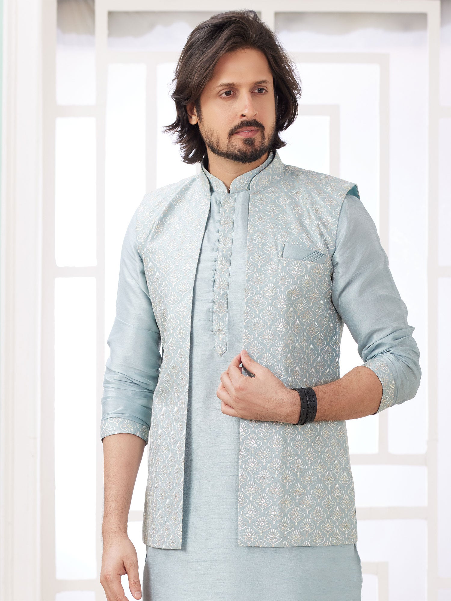 Pastel Blue Floral Thread Work Silk Kurta Set
