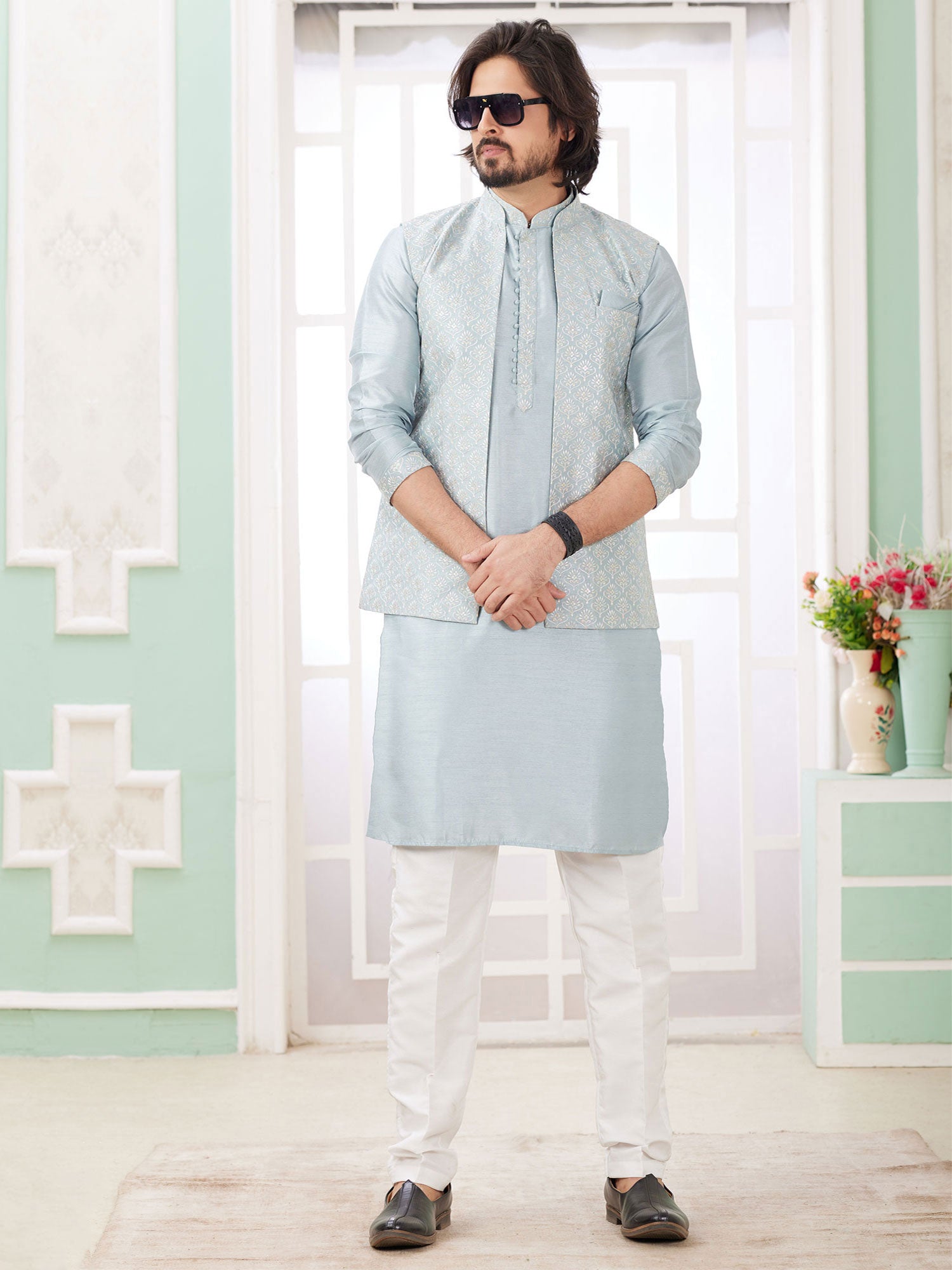 Pastel Blue Floral Thread Work Silk Kurta Set