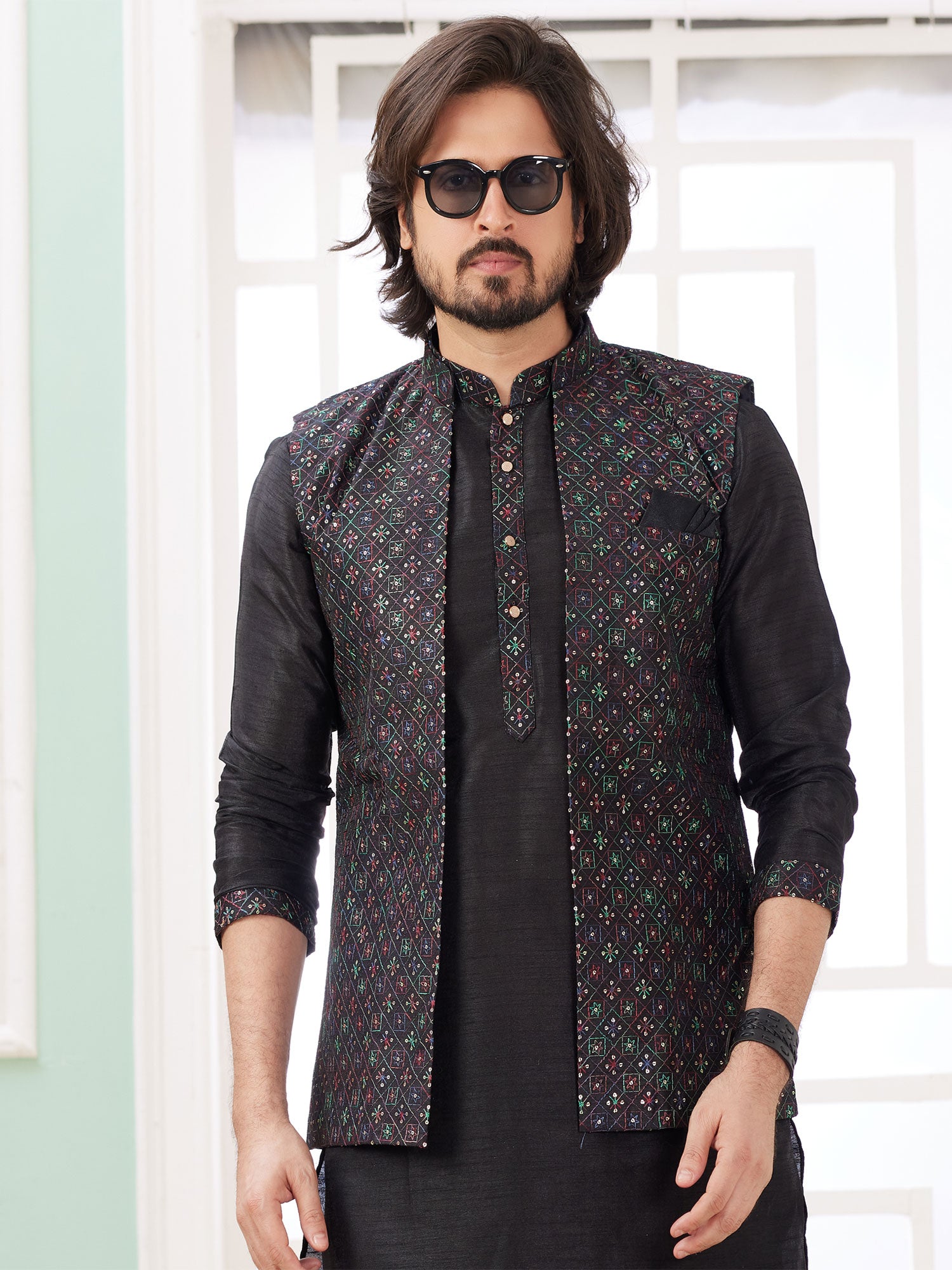 Black Menswear Silk Kurta Set With Nehru Jacket