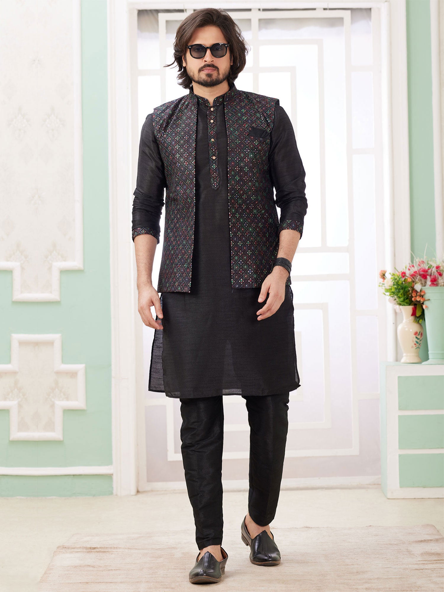 Black Menswear Silk Kurta Set With Nehru Jacket