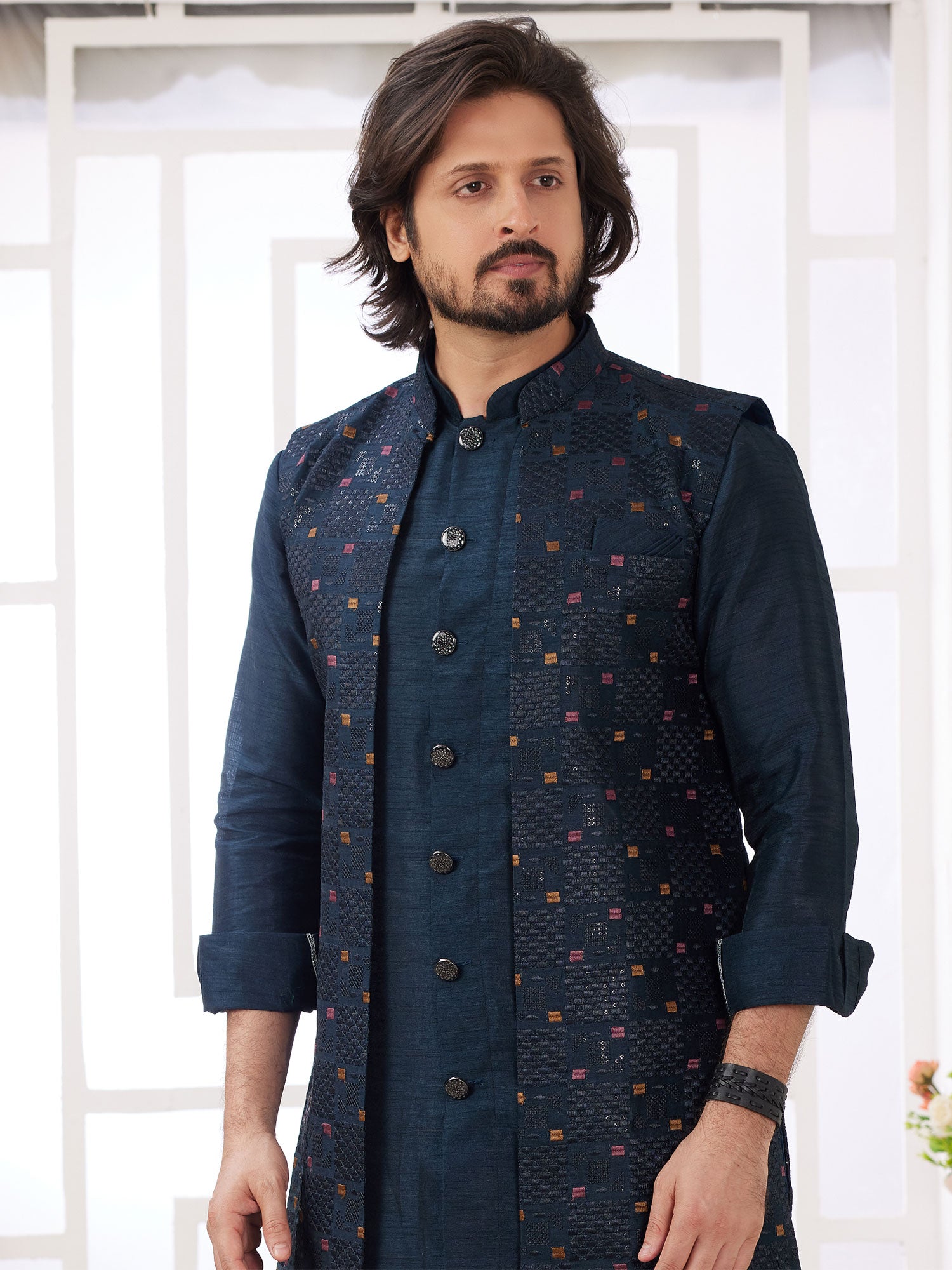 Blue Silk Readymade Kurta Pyjama Set For Mens