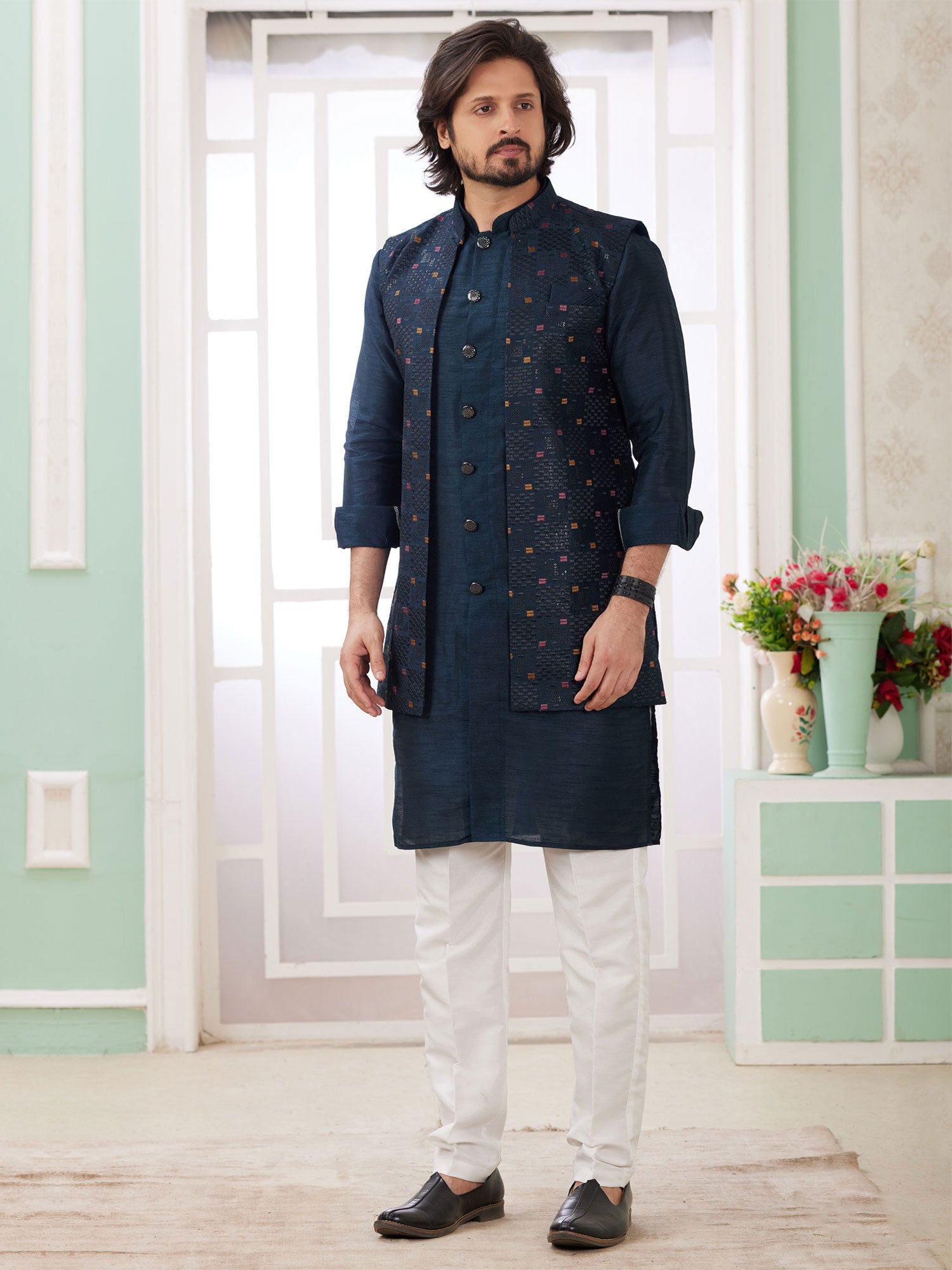 Blue Silk Readymade Kurta Pyjama Set For Mens