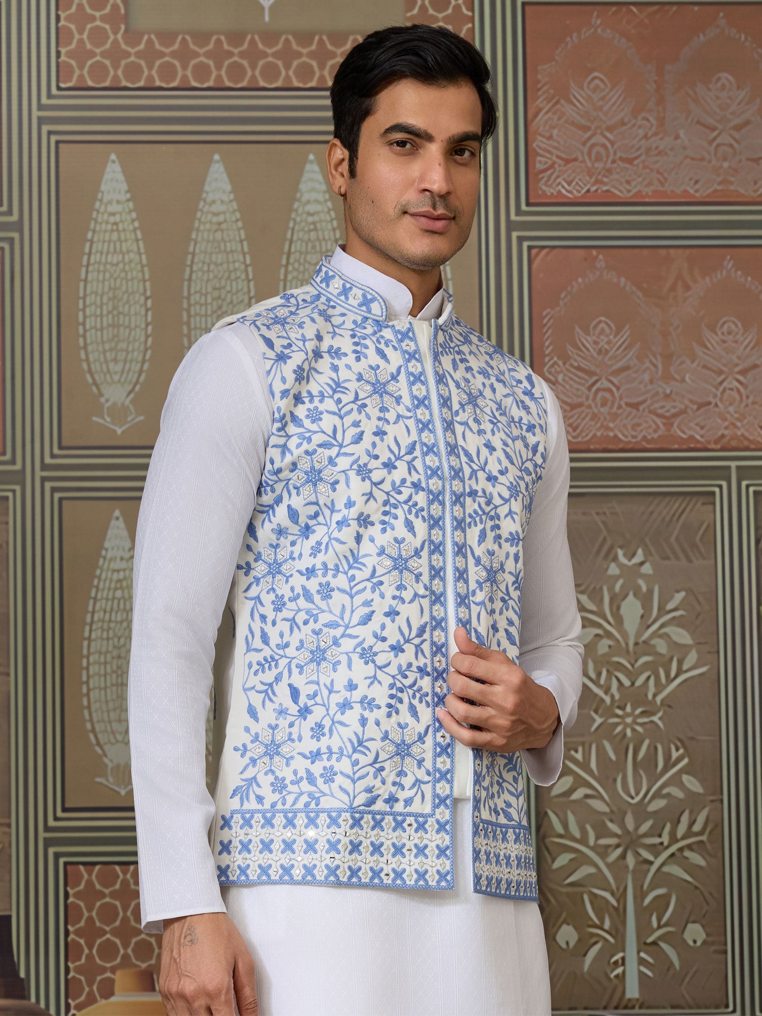 White Floral Embellished Kurta Set With Nehru Jacket