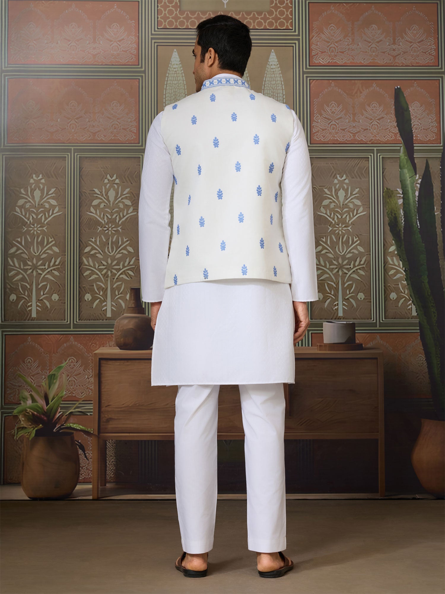 White Floral Embellished Kurta Set With Nehru Jacket