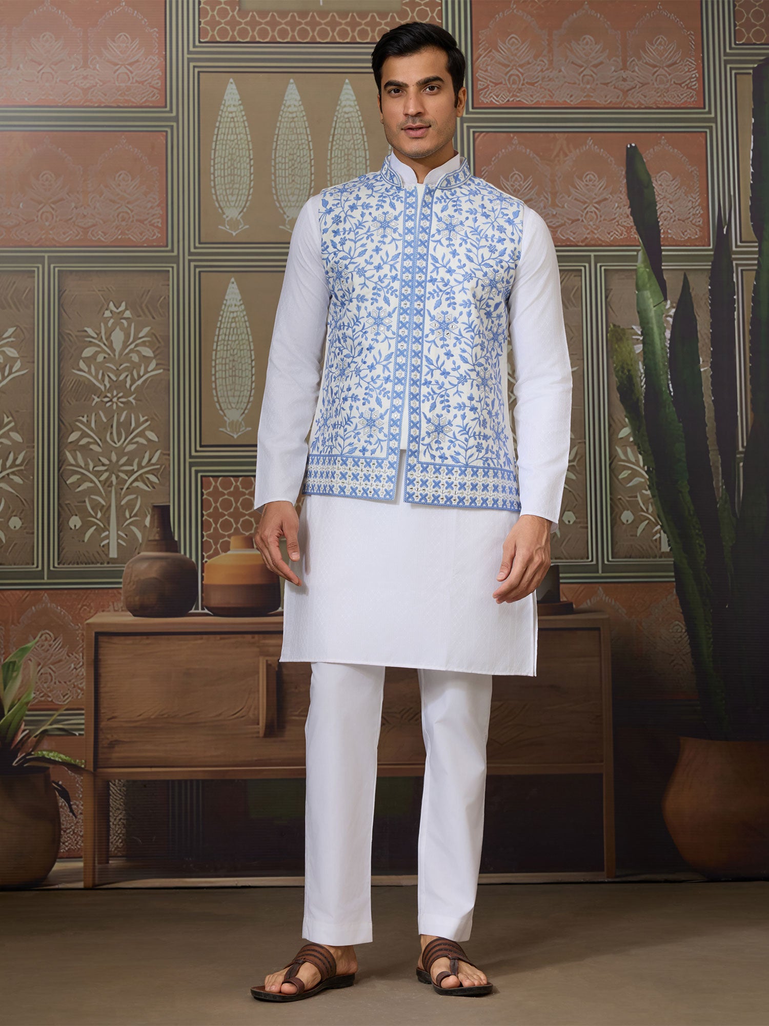 White Floral Embellished Kurta Set With Nehru Jacket