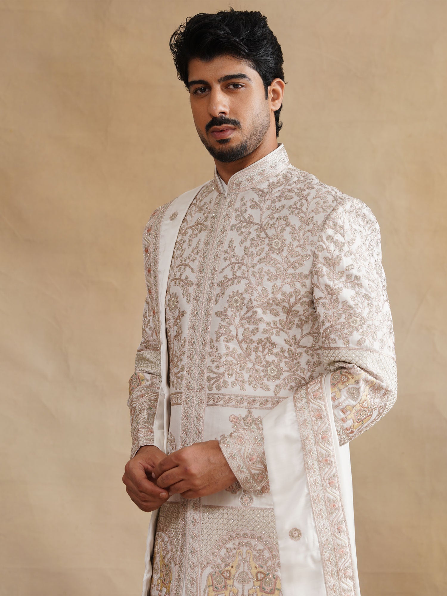 Off White Stone Embellished Groom's Sherwani Set