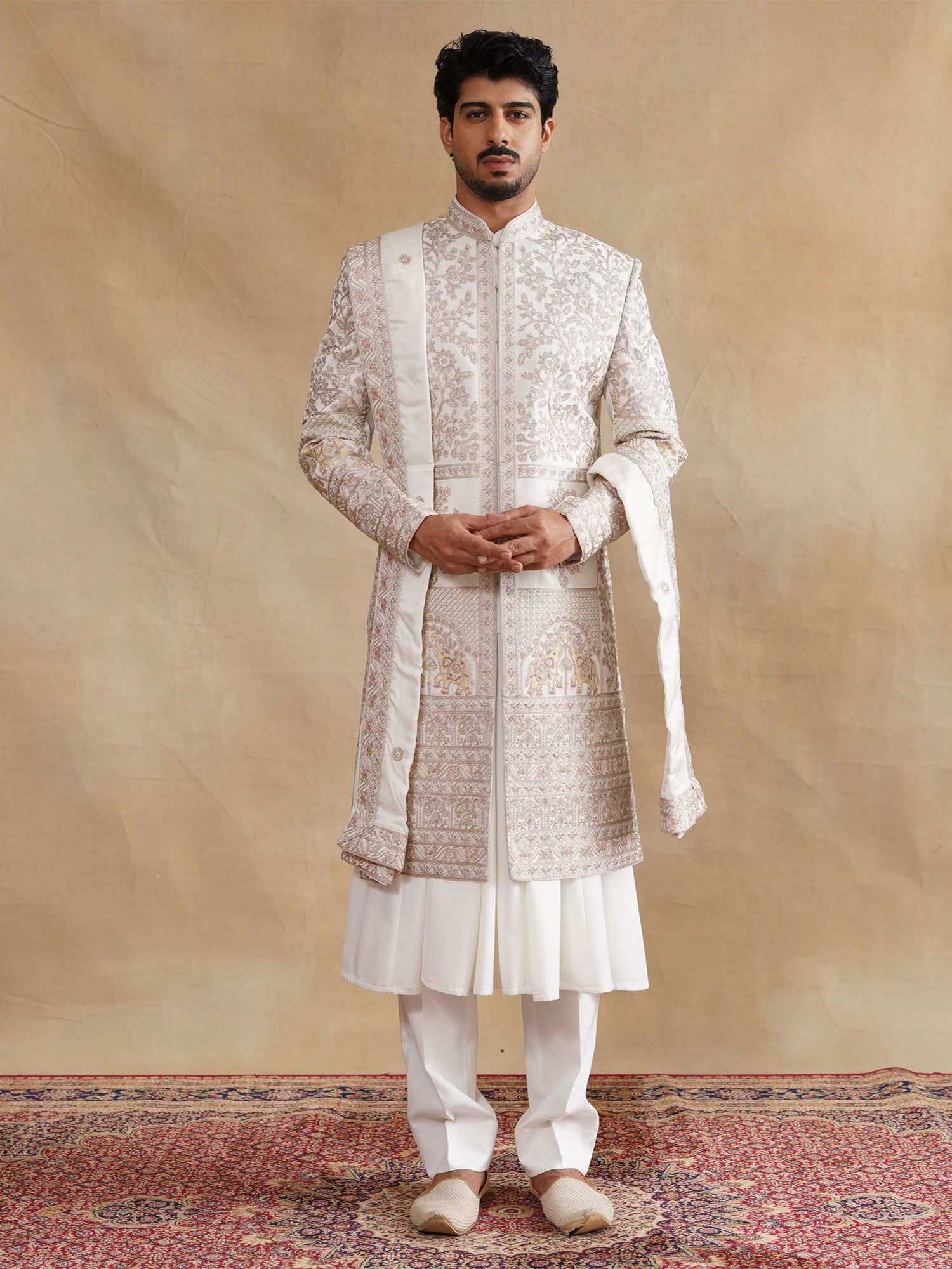 Off White Stone Embellished Groom's Sherwani Set