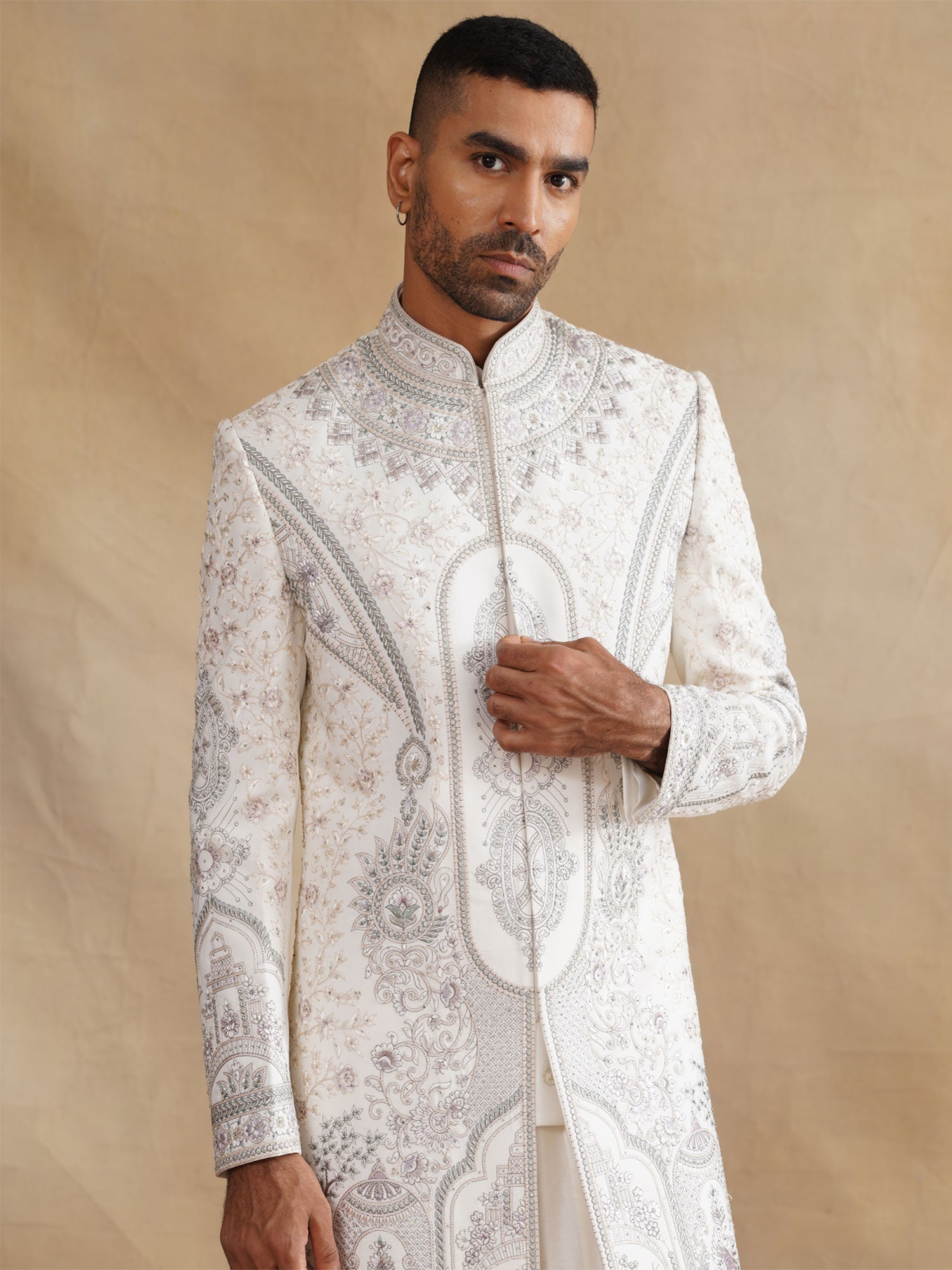 White Groom's Sherwani With Kurta In Anarkali Style