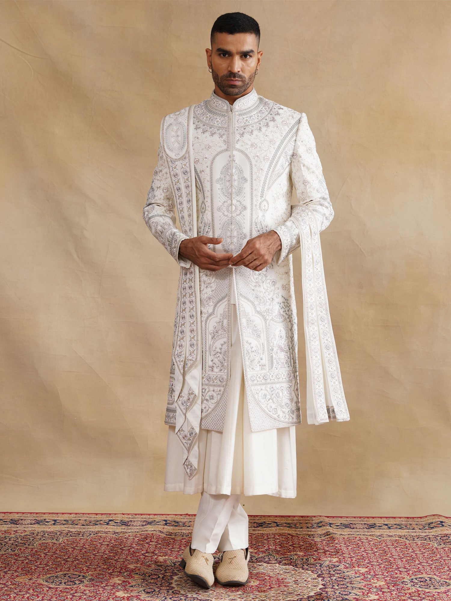 White Groom's Sherwani With Kurta In Anarkali Style