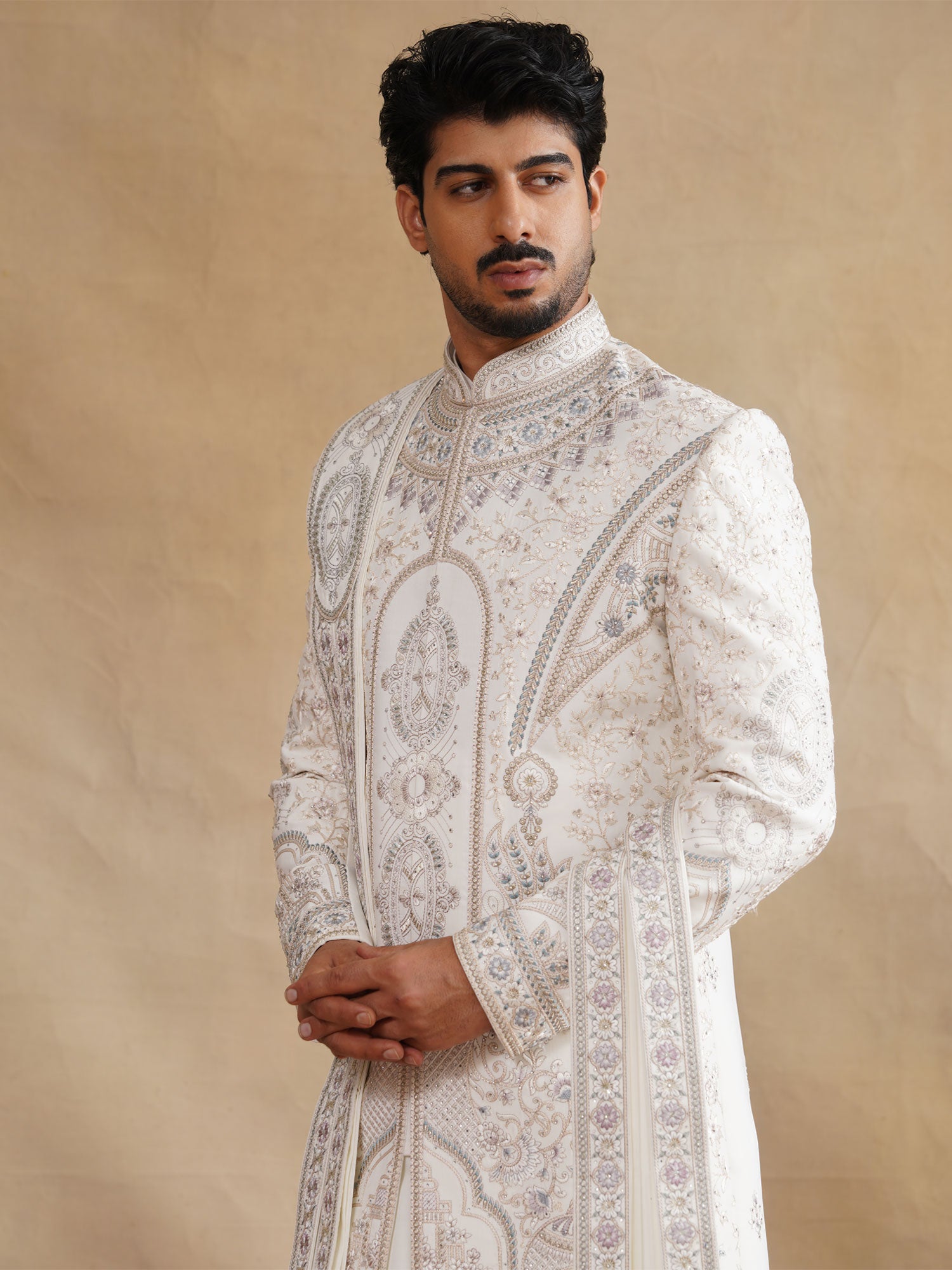 White Embroidered Sherwani For Groom's With Stole