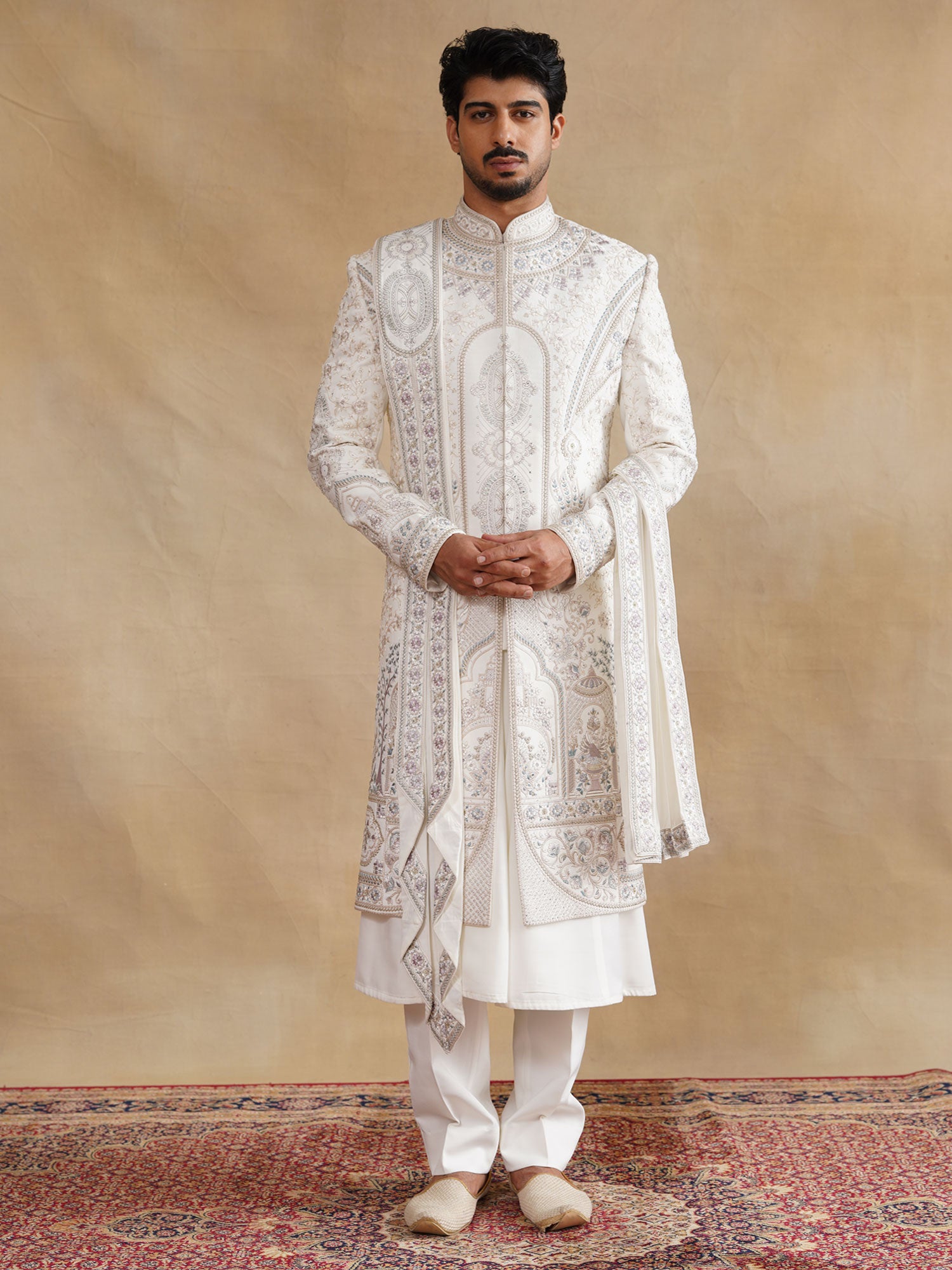 White Embroidered Sherwani For Groom's With Stole