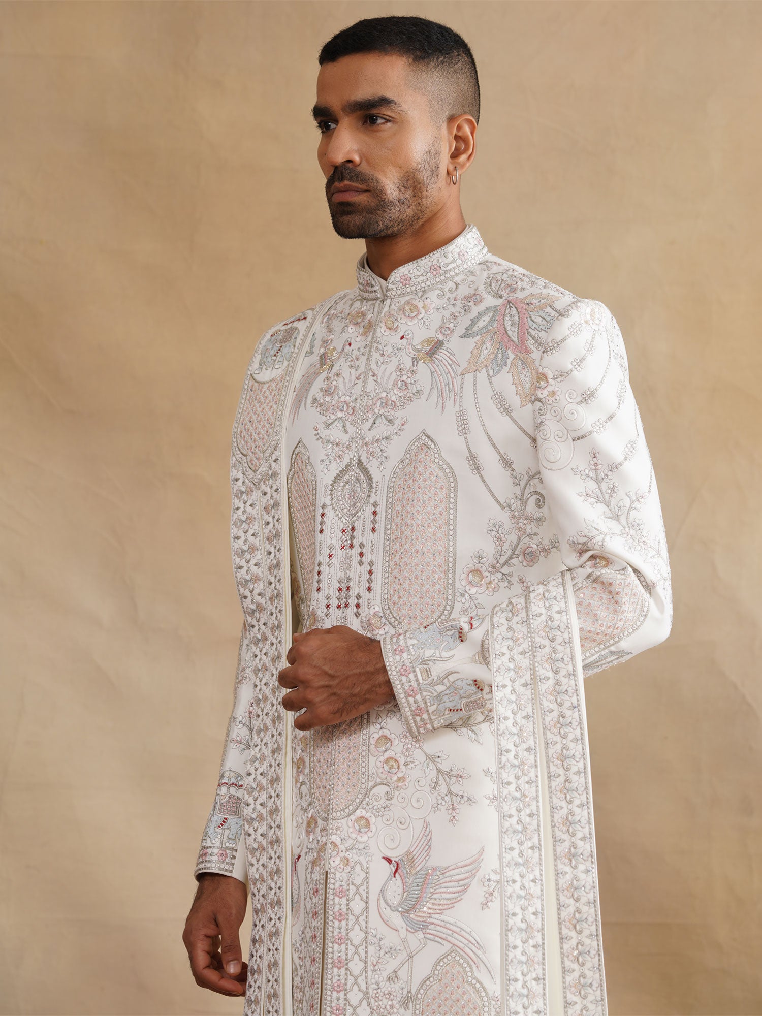 White Stone Augmented Sherwani With Anarkali Kurta