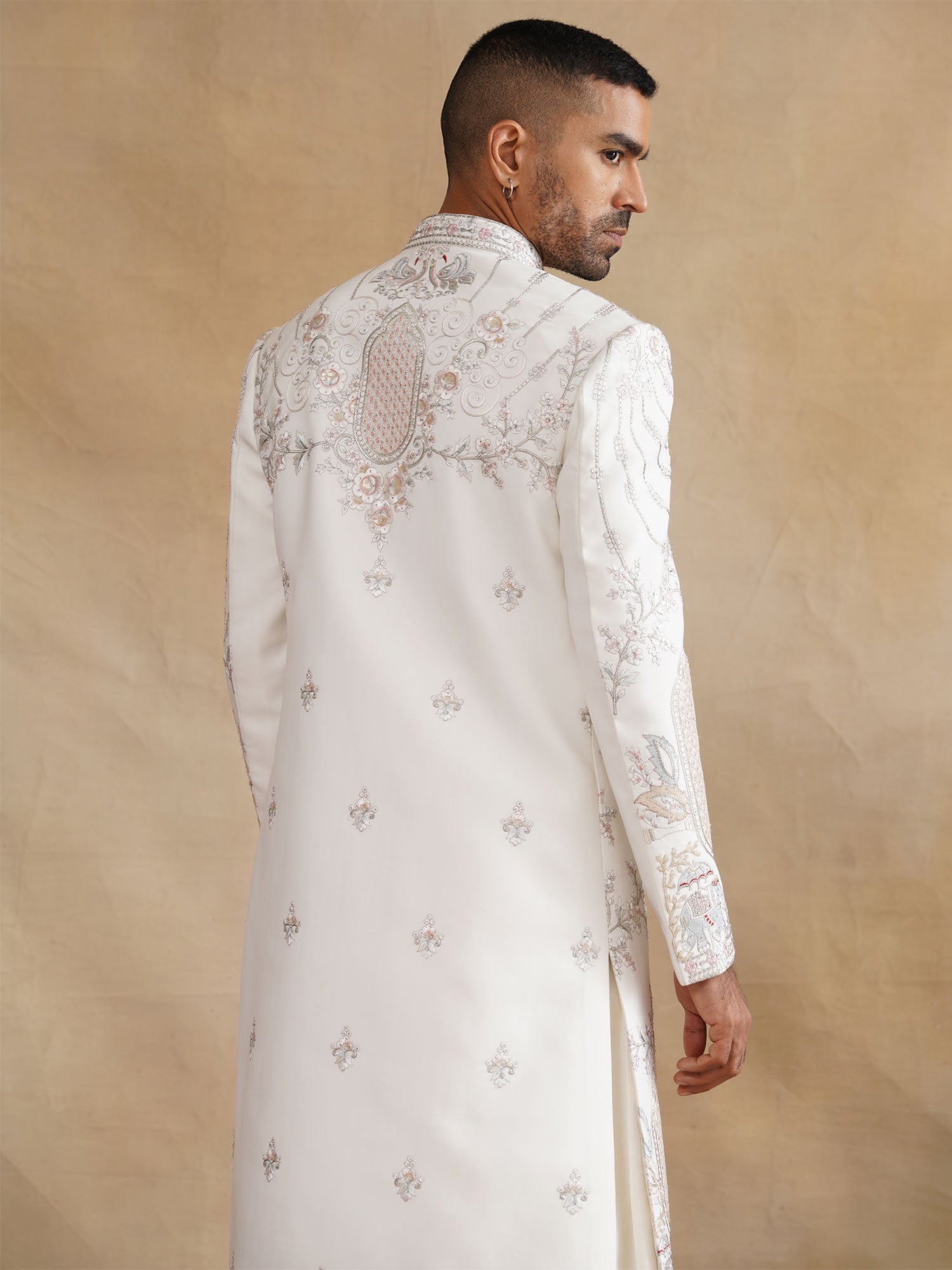 White Stone Augmented Sherwani With Anarkali Kurta