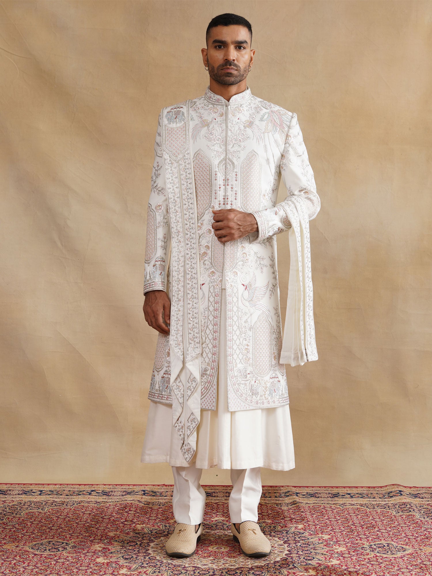 White Stone Augmented Sherwani With Anarkali Kurta