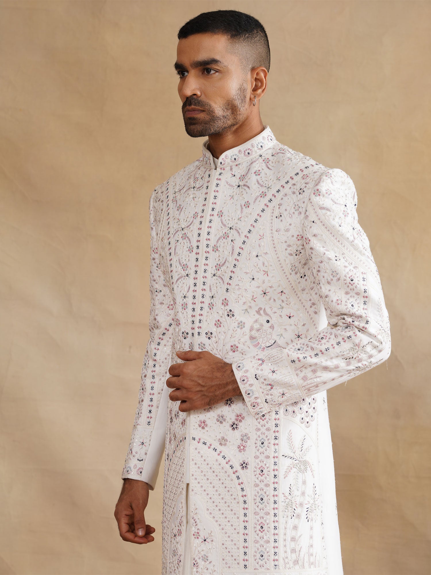 White Heavy Thread Embroidered Silk Sherwani Set