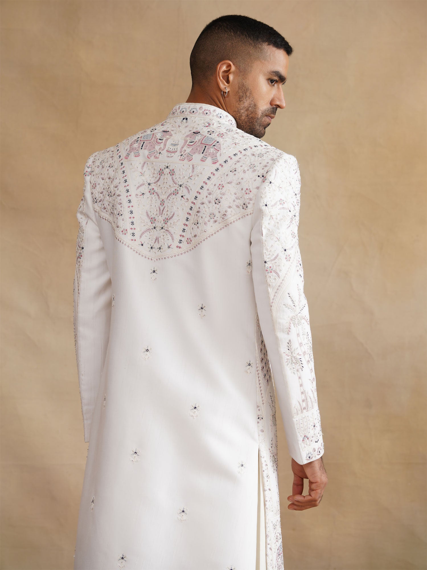 White Heavy Thread Embroidered Silk Sherwani Set