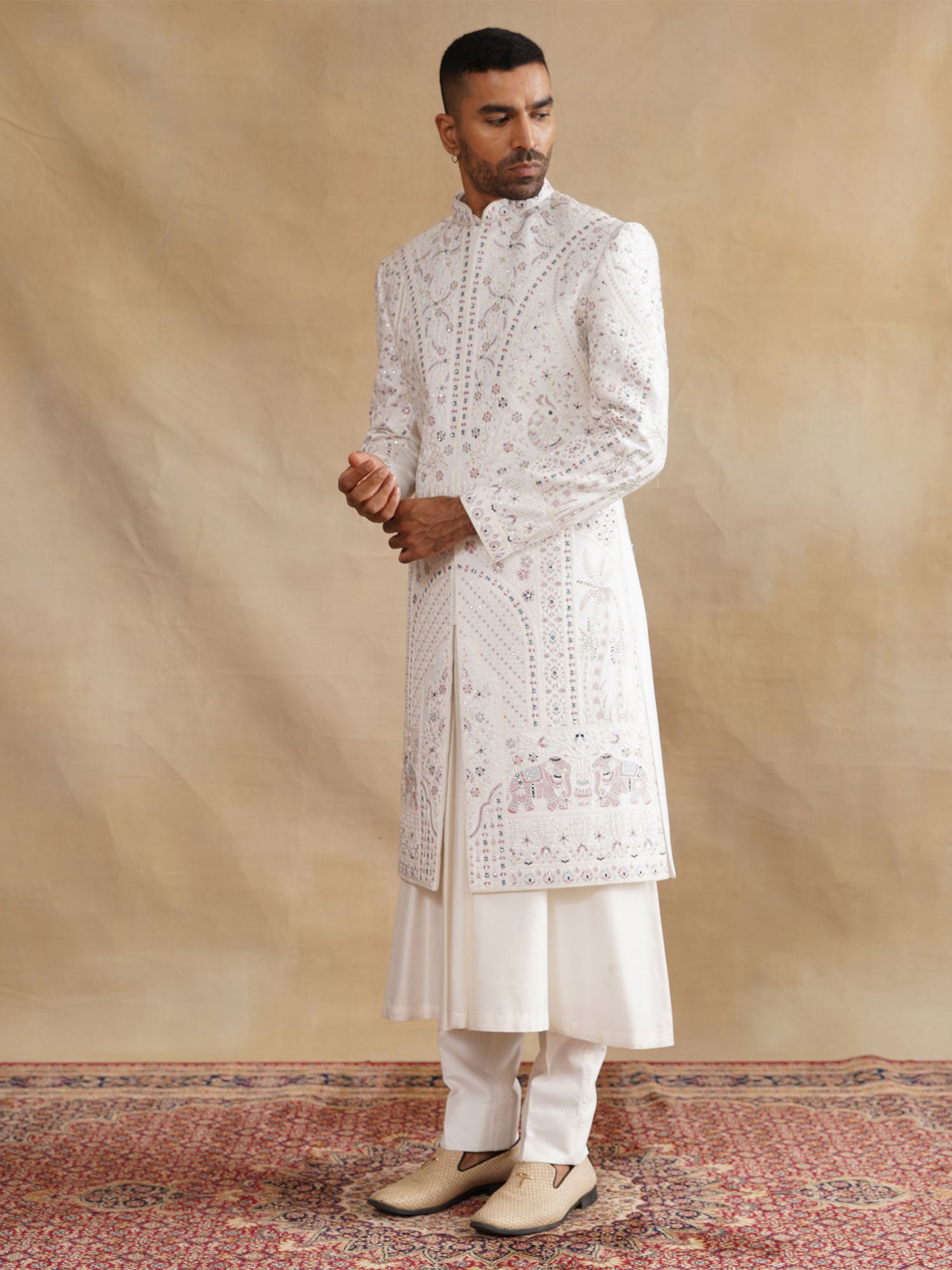 White Heavy Thread Embroidered Silk Sherwani Set