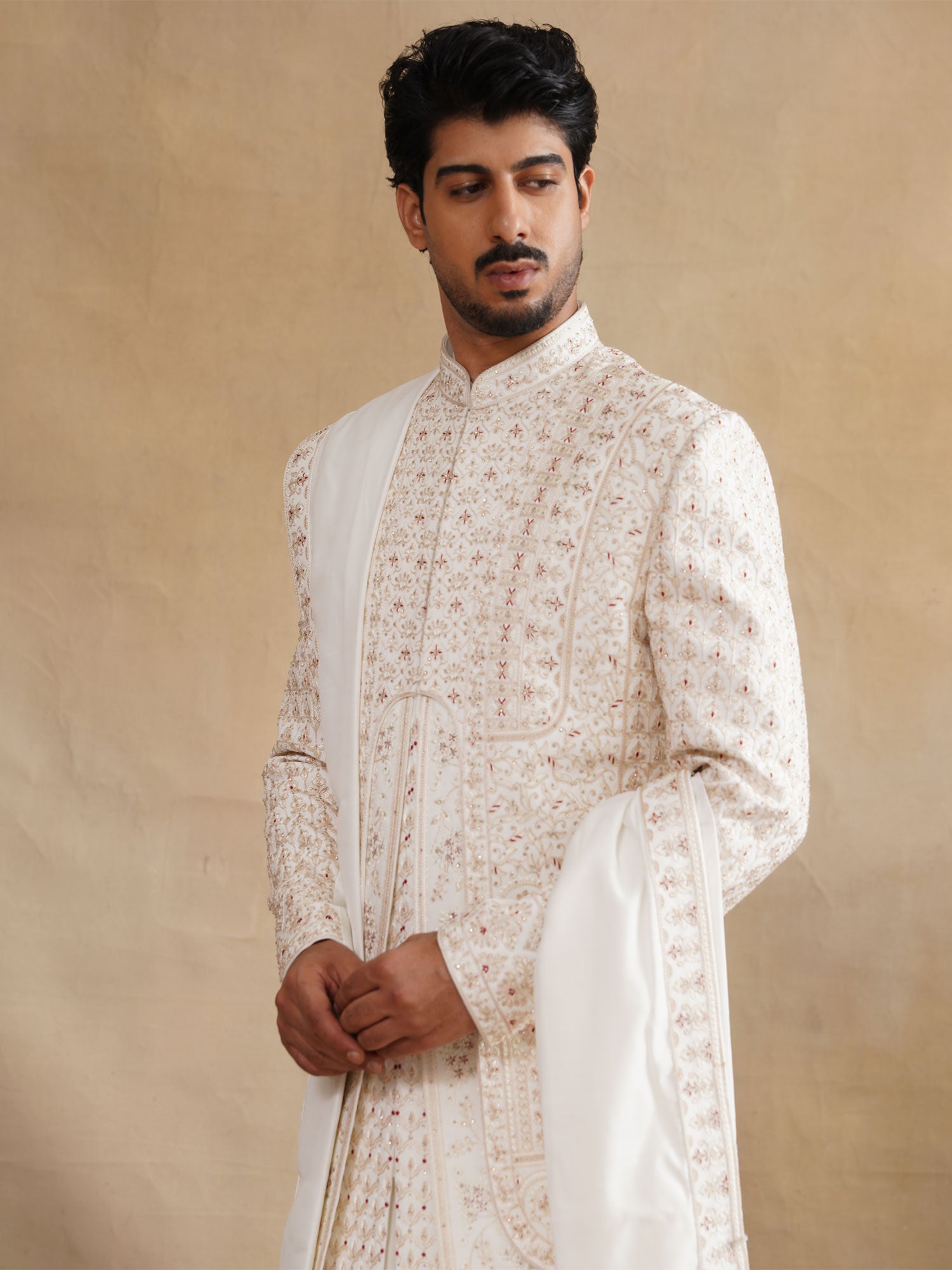 Off White Layered Groom's Sherwani Set In Silk