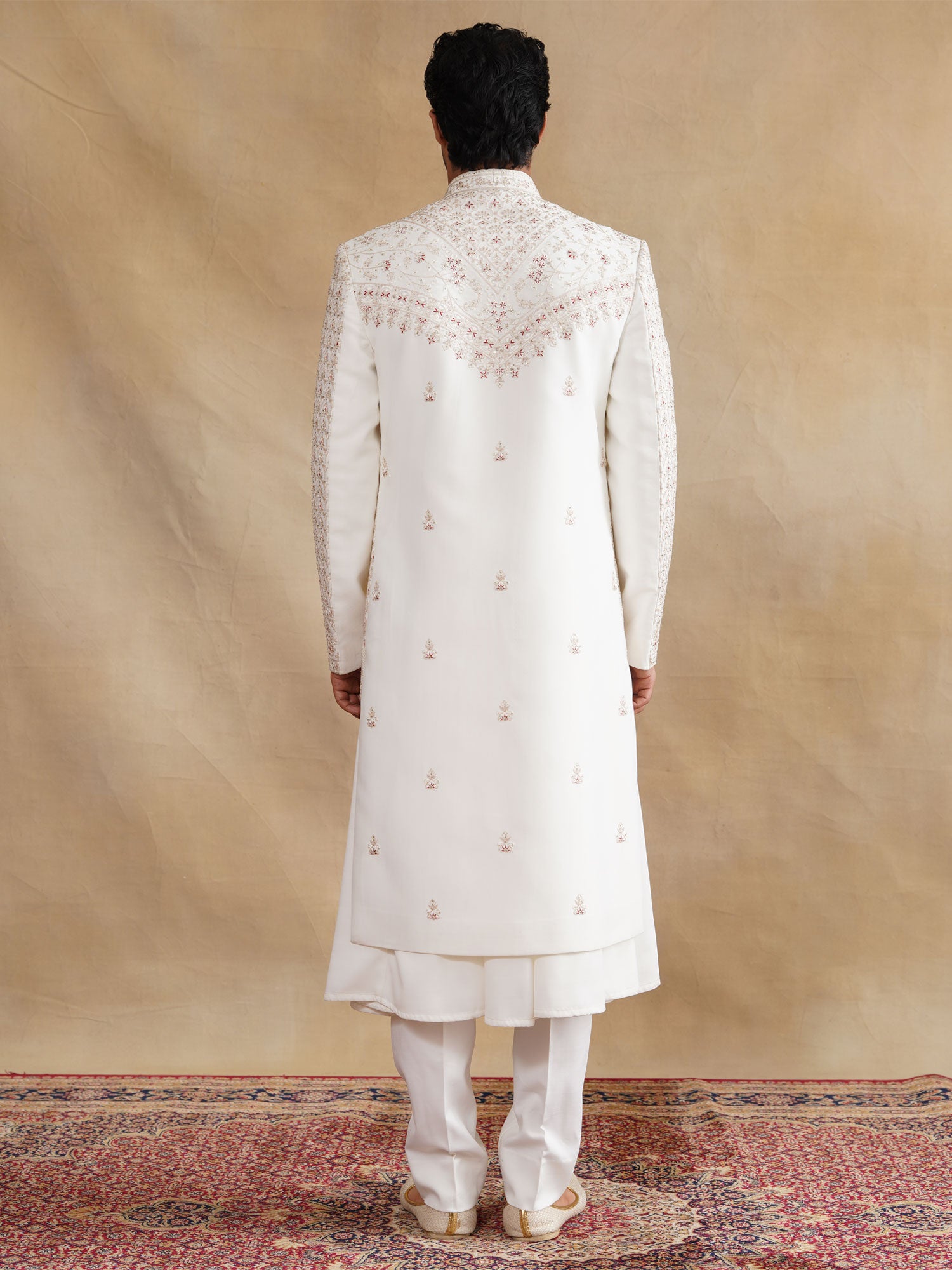 Off White Layered Groom's Sherwani Set In Silk
