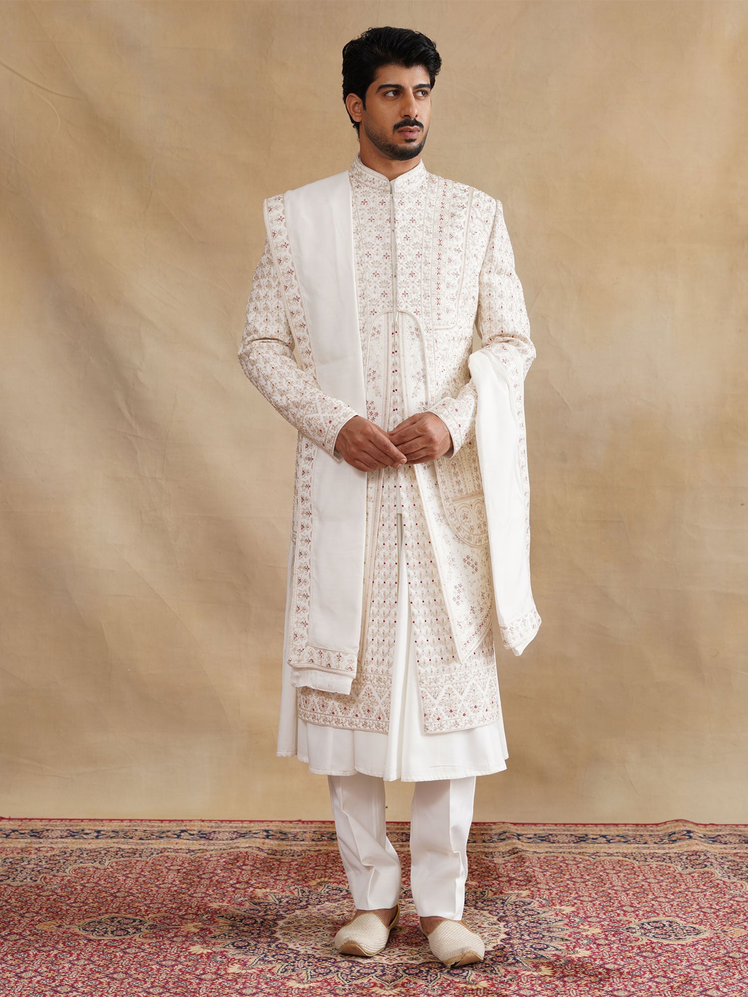 Off White Layered Groom's Sherwani Set In Silk