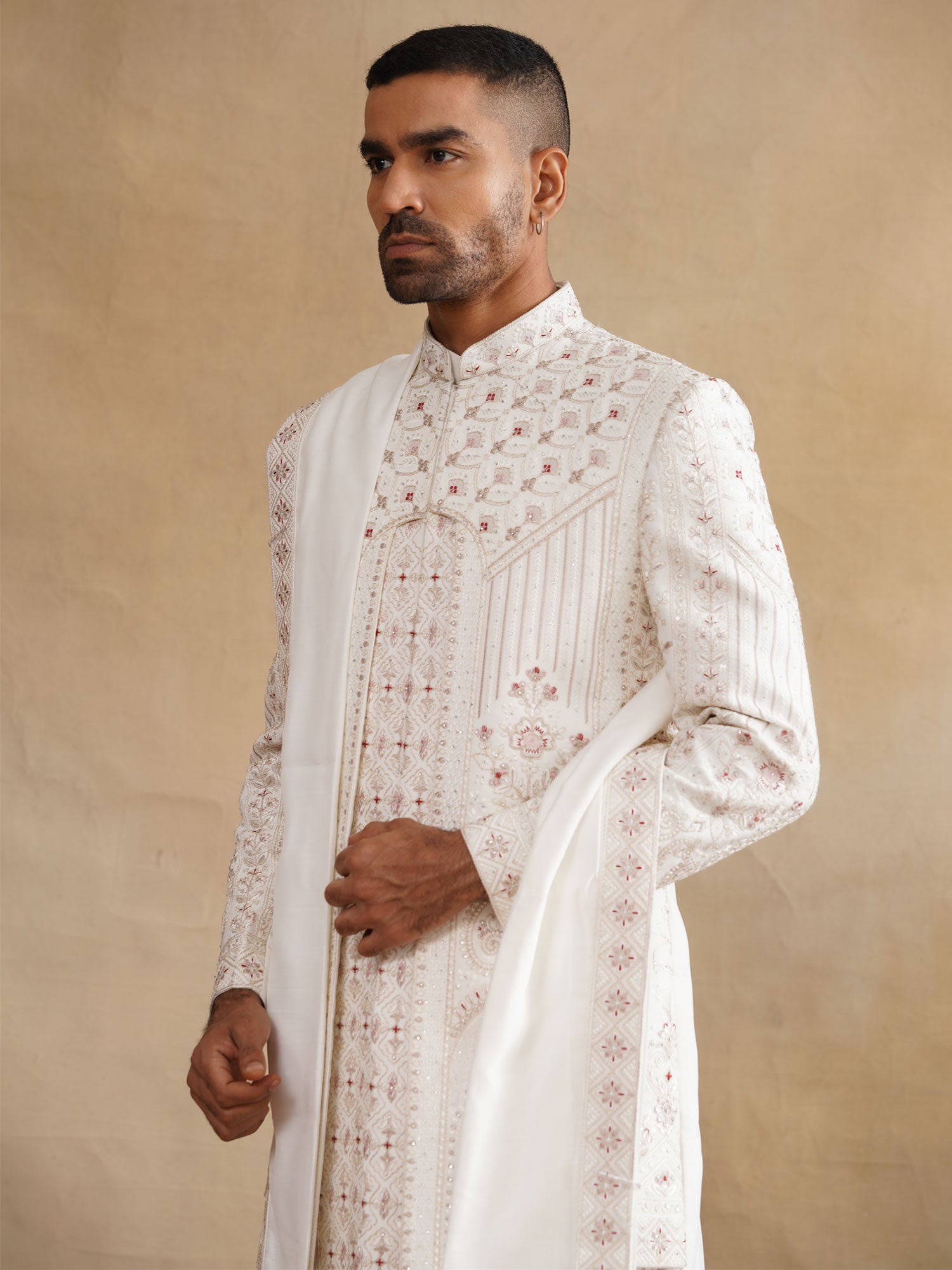 Off White Layered Sherwani With Embroidered Stole