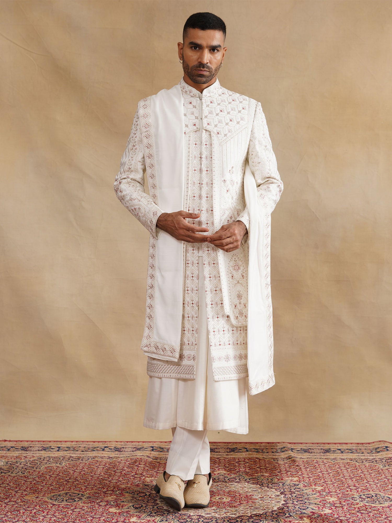 Off White Layered Sherwani With Embroidered Stole
