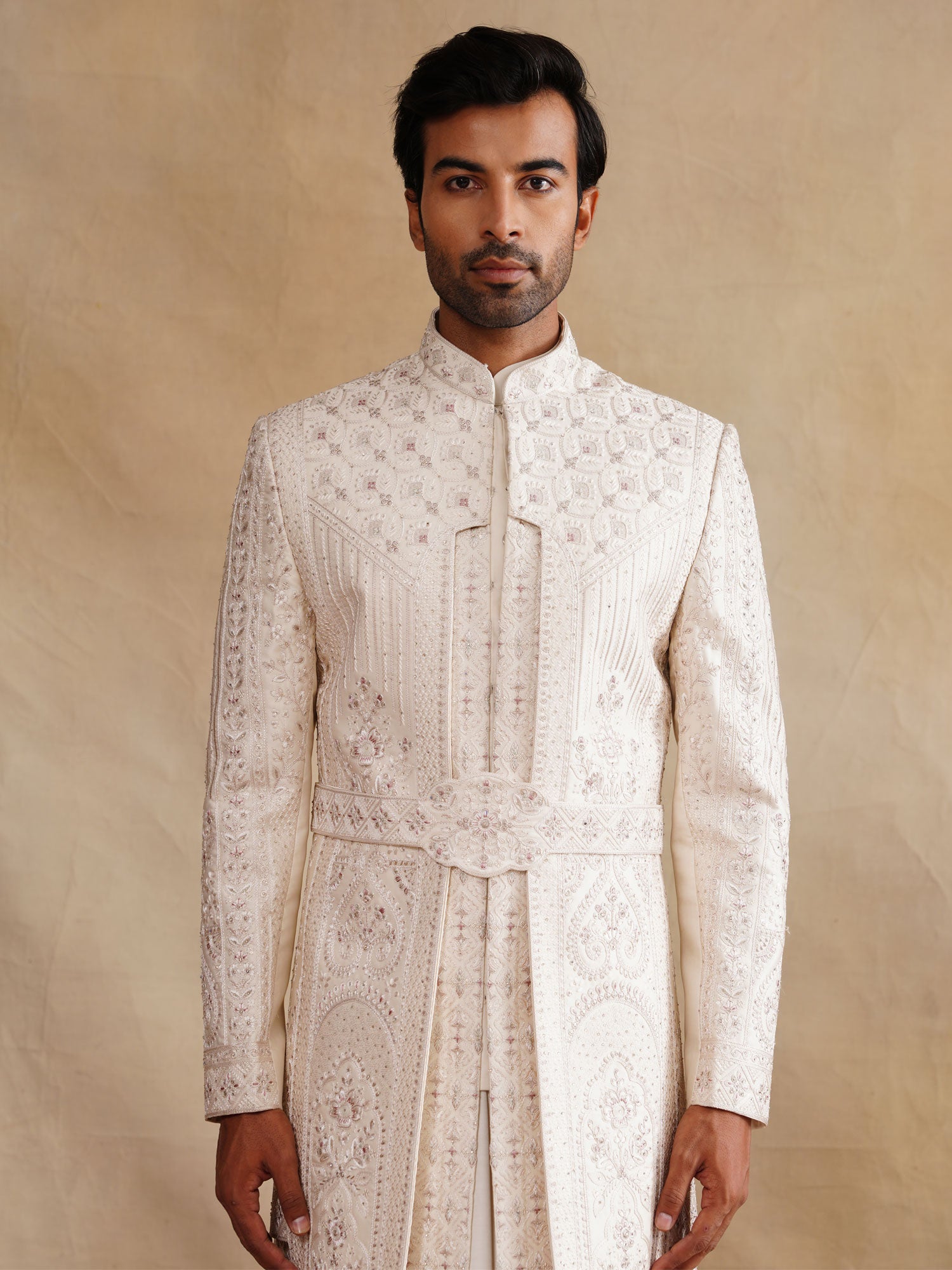 Cream Embroidered Wedding Sherwani With Kurta In Silk
