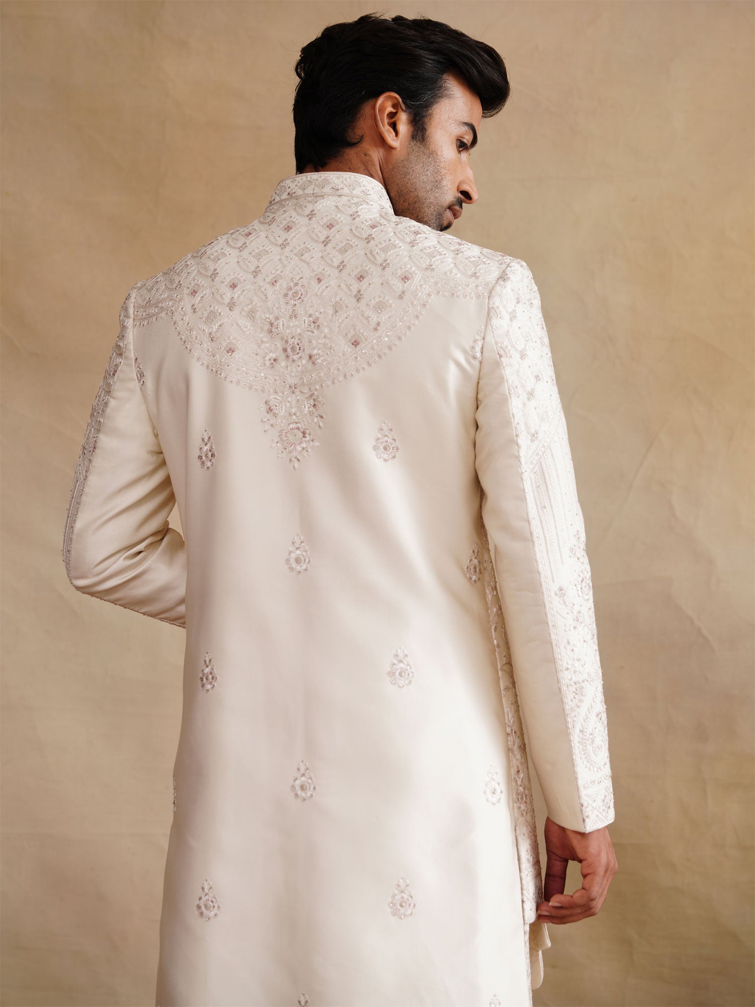 Cream Embroidered Wedding Sherwani With Kurta In Silk