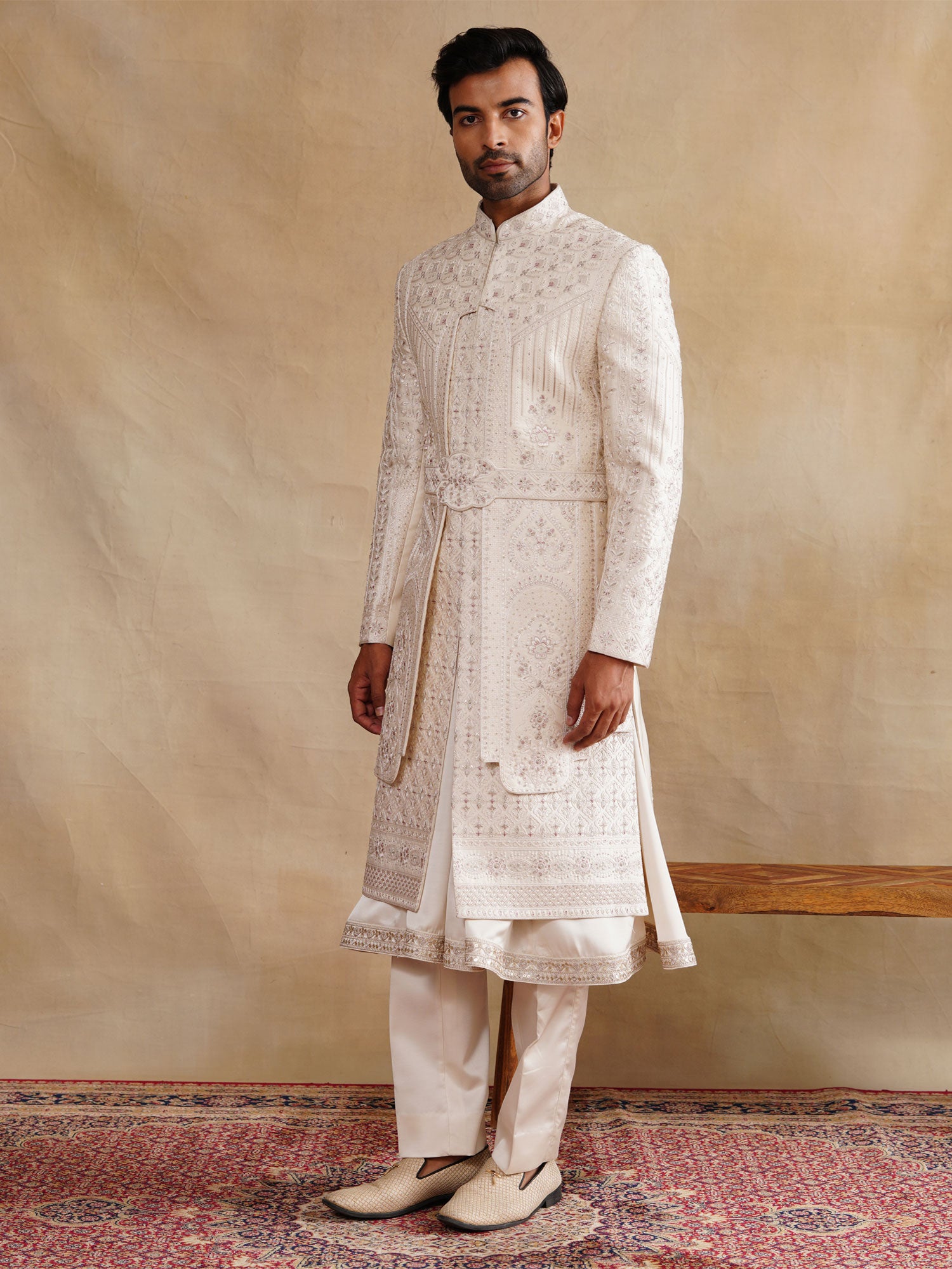 Cream Embroidered Wedding Sherwani With Kurta In Silk