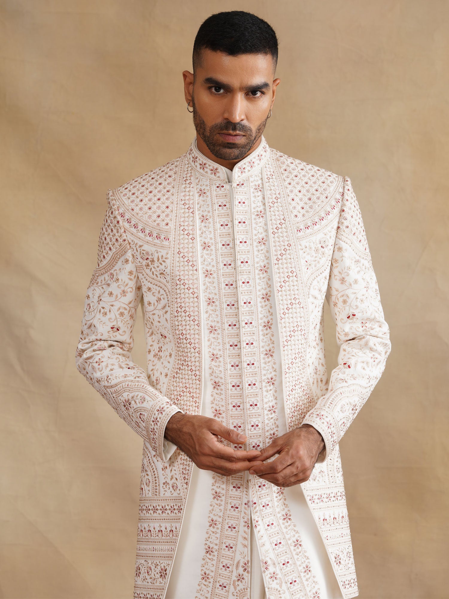 Off White Floral Thread Embroidered Layered Sherwani