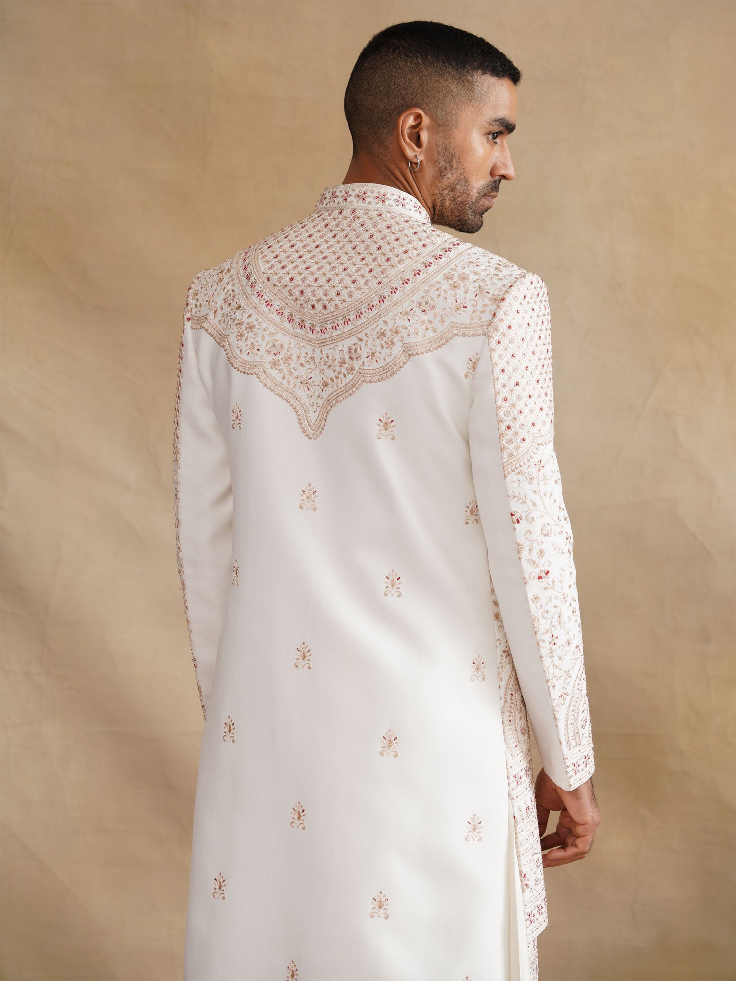 Off White Floral Thread Embroidered Layered Sherwani