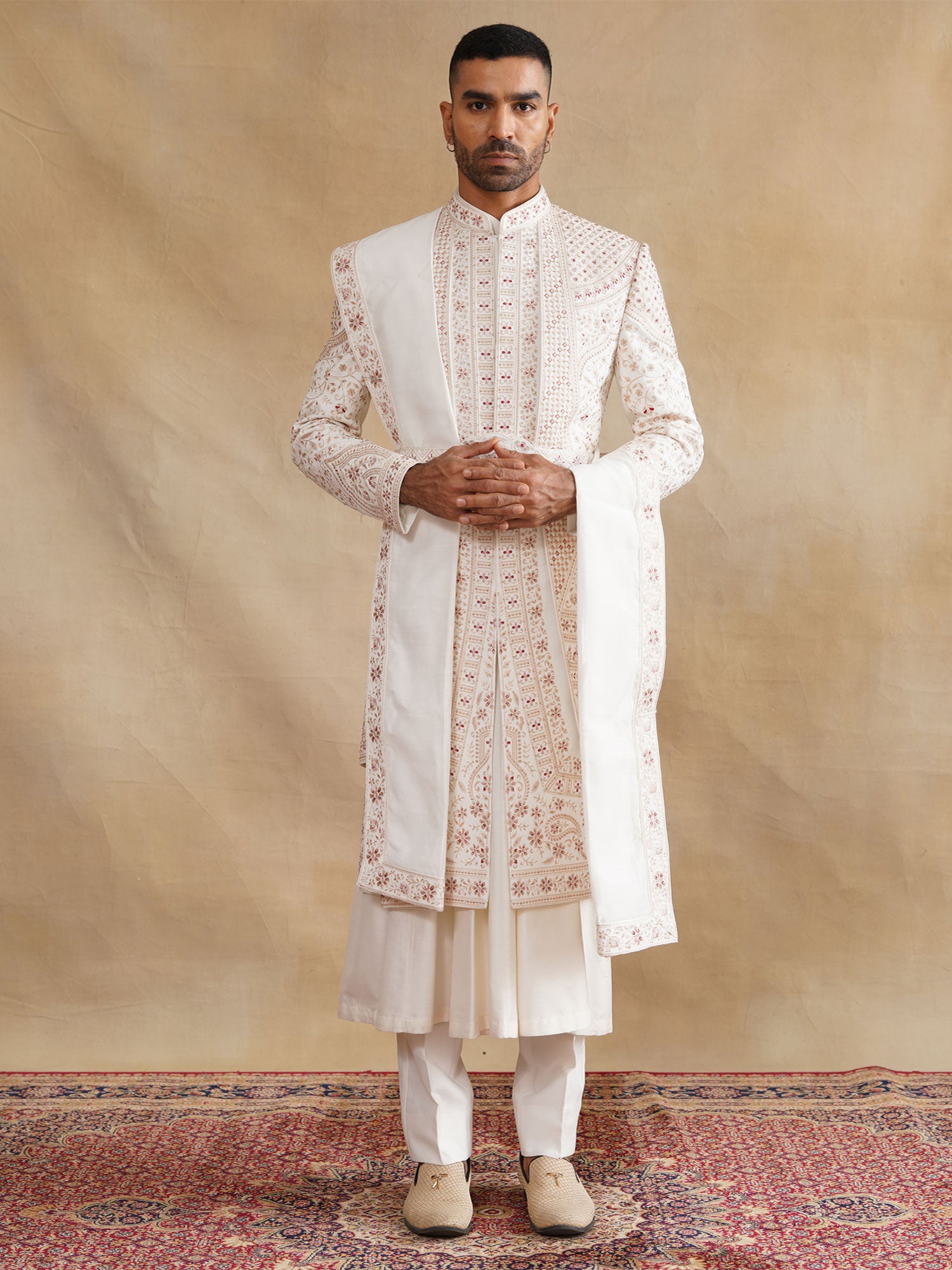 Off White Floral Thread Embroidered Layered Sherwani