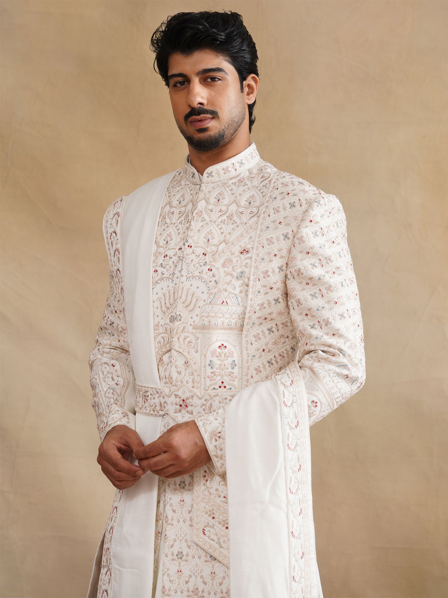 Off White Anarkali Style Groom's Sherwani In Silk