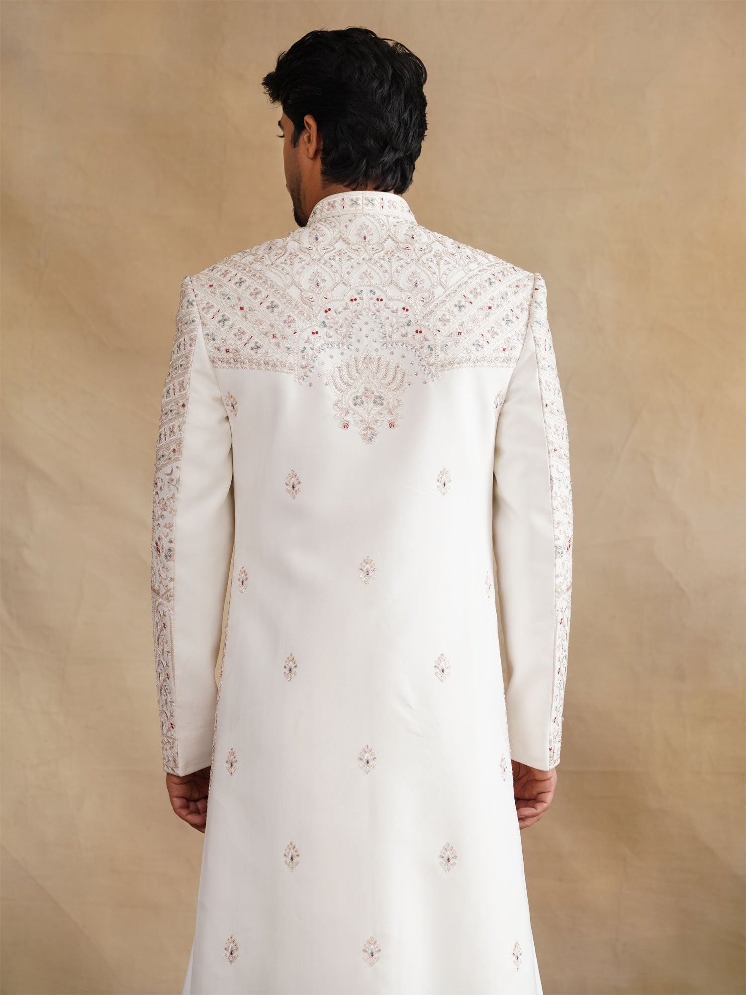 Off White Anarkali Style Groom's Sherwani In Silk