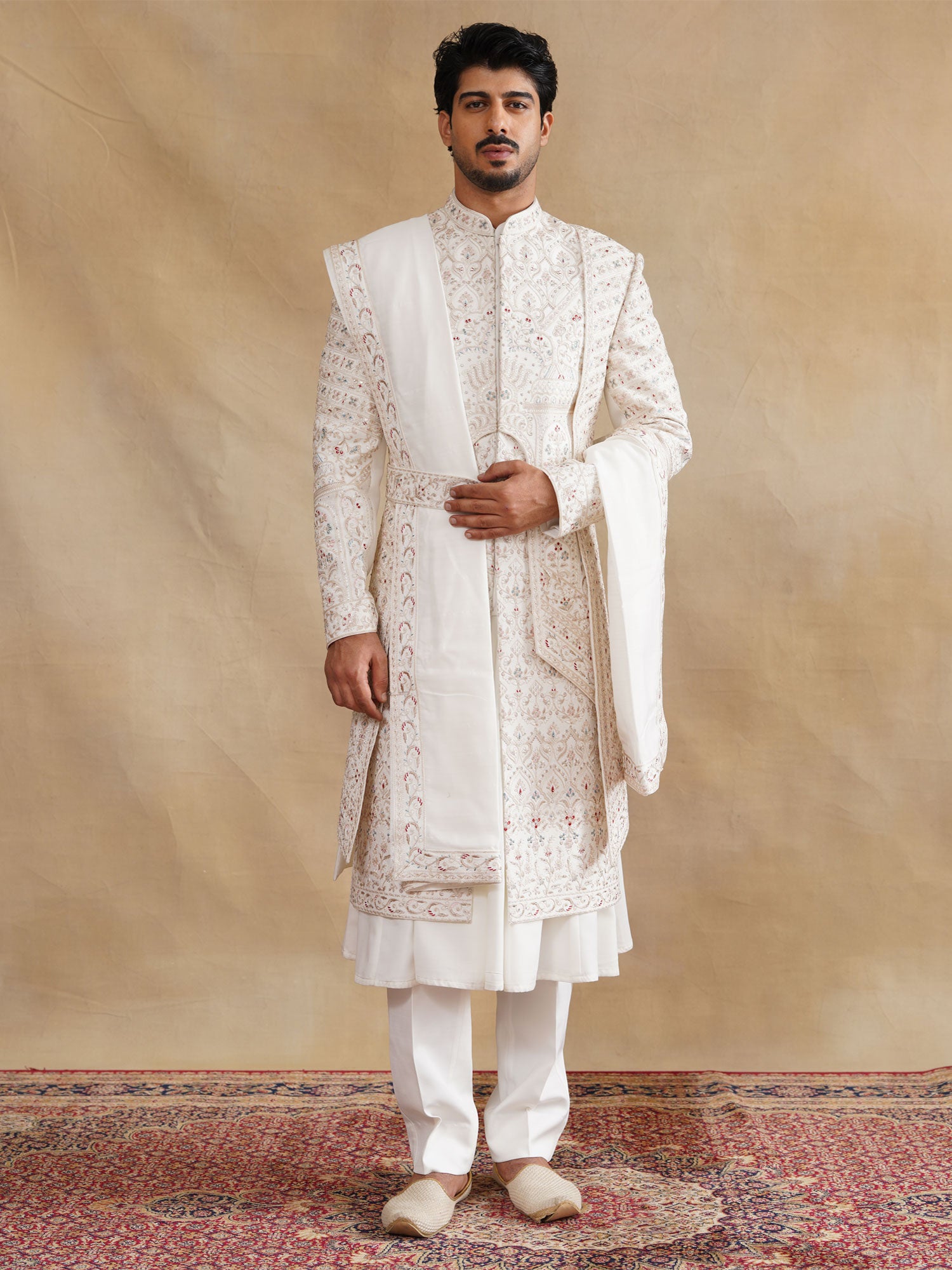 Off White Anarkali Style Groom's Sherwani In Silk