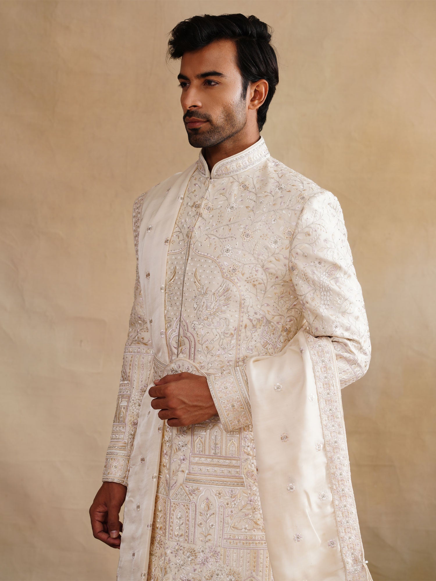 Cream Anarkali Style Sherwani In Stone Embellishment