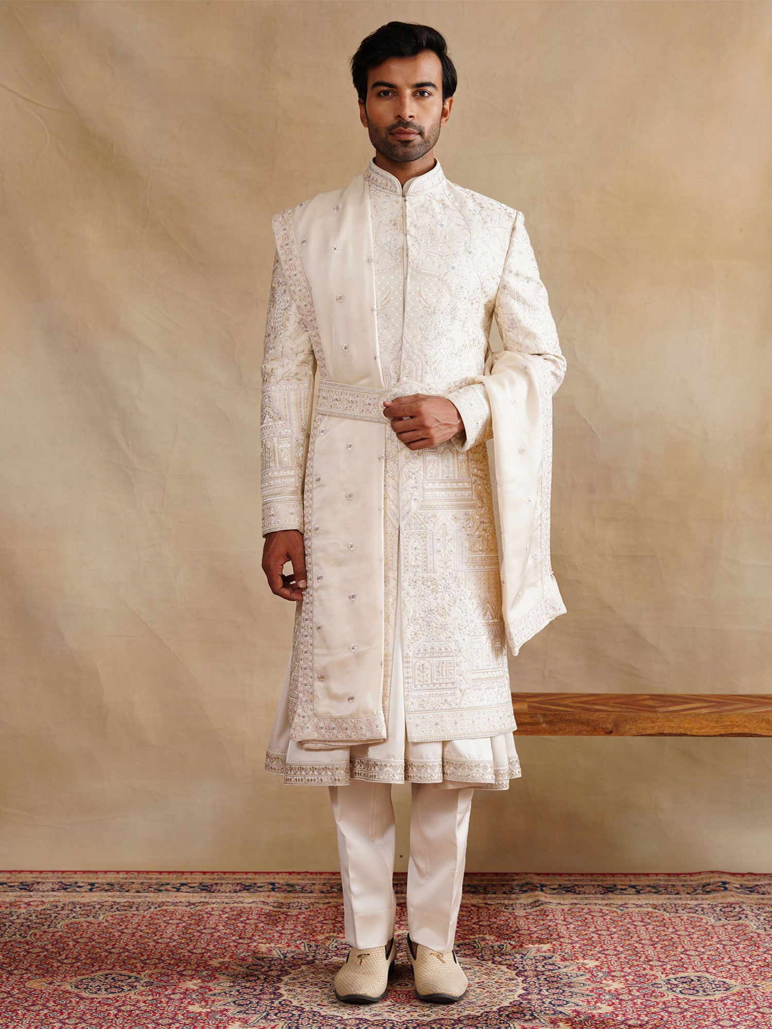 Cream Anarkali Style Sherwani In Stone Embellishment